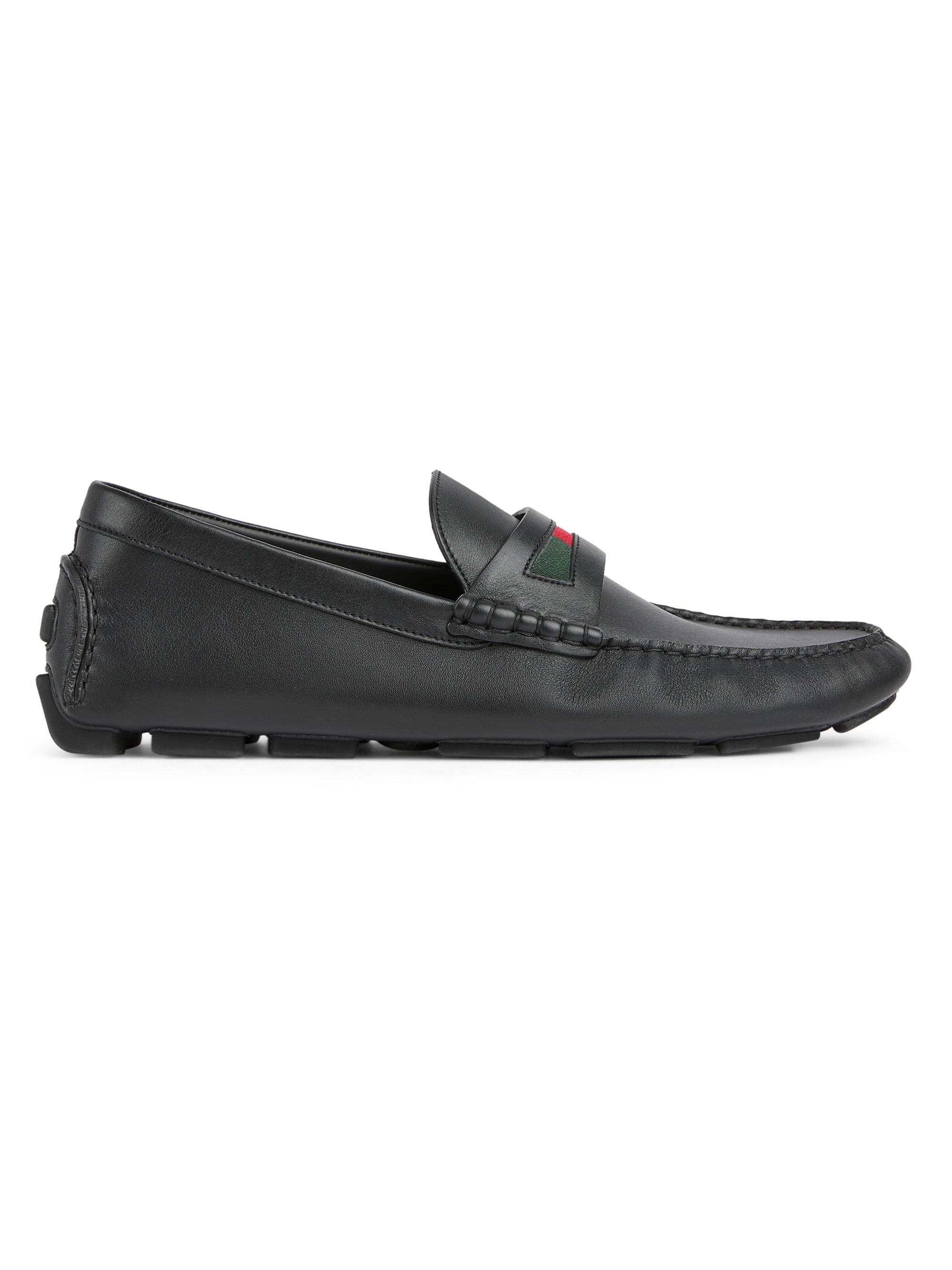 Gucci Men's Embroidered Web Leather Driving Loafers - Palladio