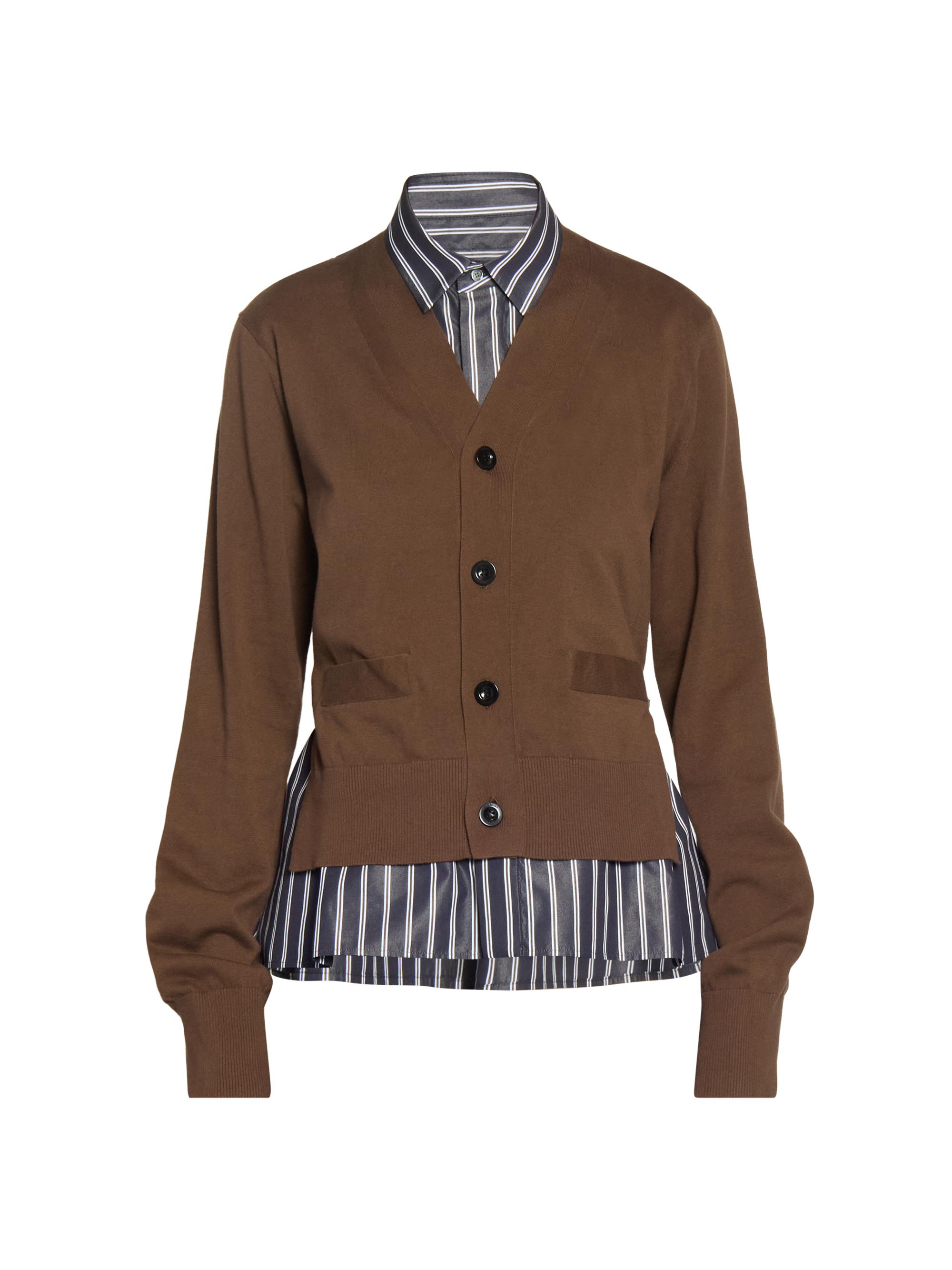 Sacai Women's Spliced Mixed-Media Poplin & Knit Cardigan - Brown Navy Stripe