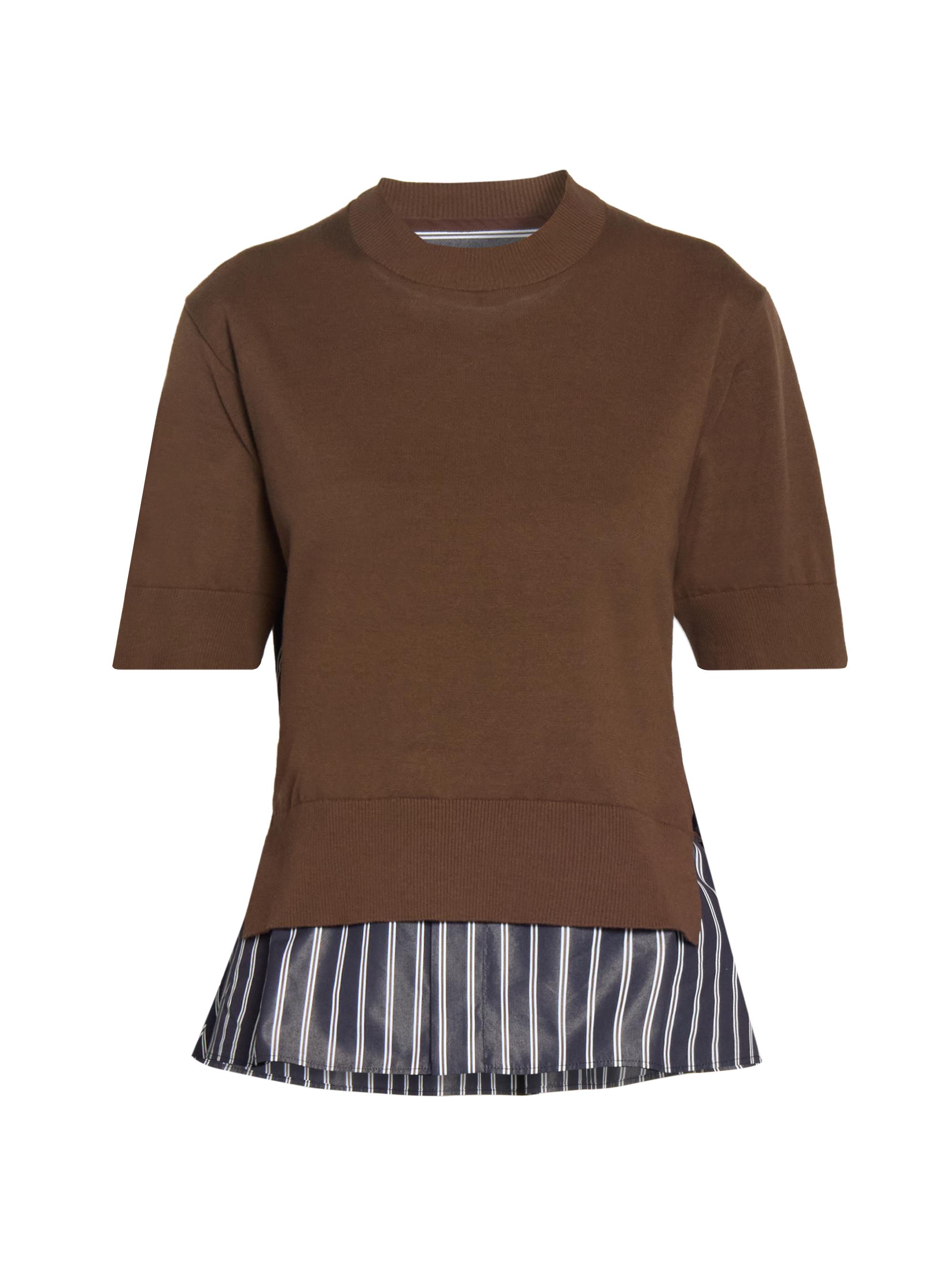 Sacai Women's Belted Poplin Cotton Pullover Sweater - Navy Blue Stripe