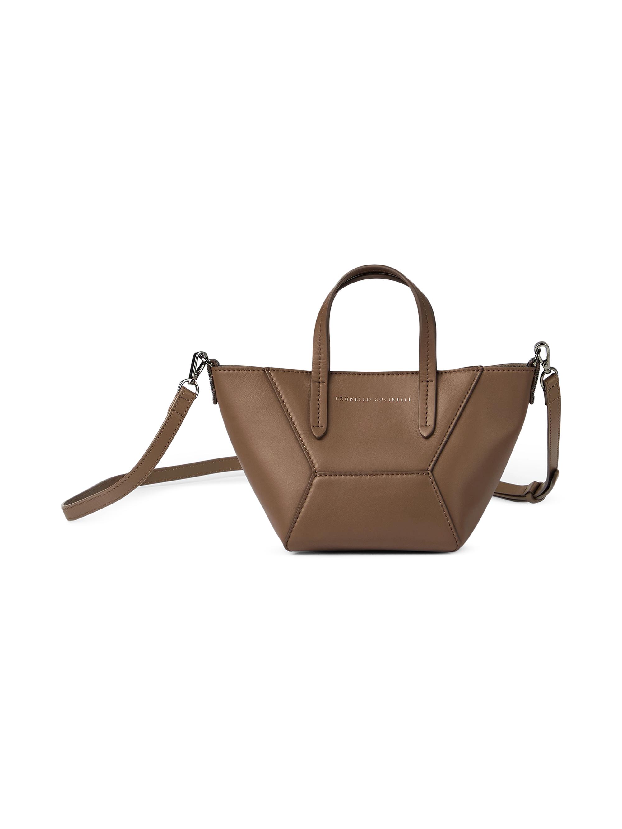 Brunello Cucinelli Women's Duo Mini Top Handle Bag in Calfskin with Monili - Brown Gianduia
