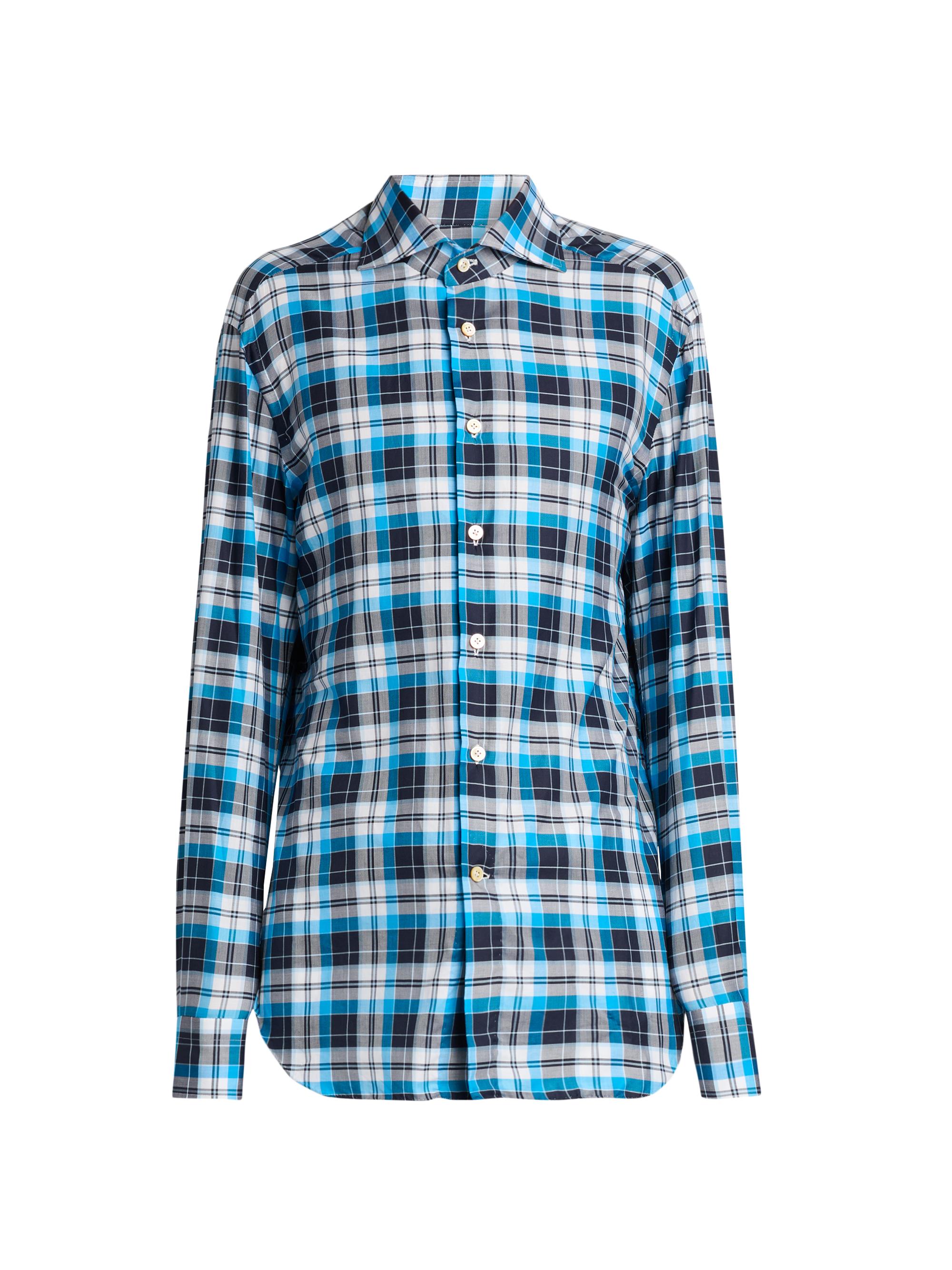 Kiton Men's Bold Plaid Cotton Shirt - Sky Blue