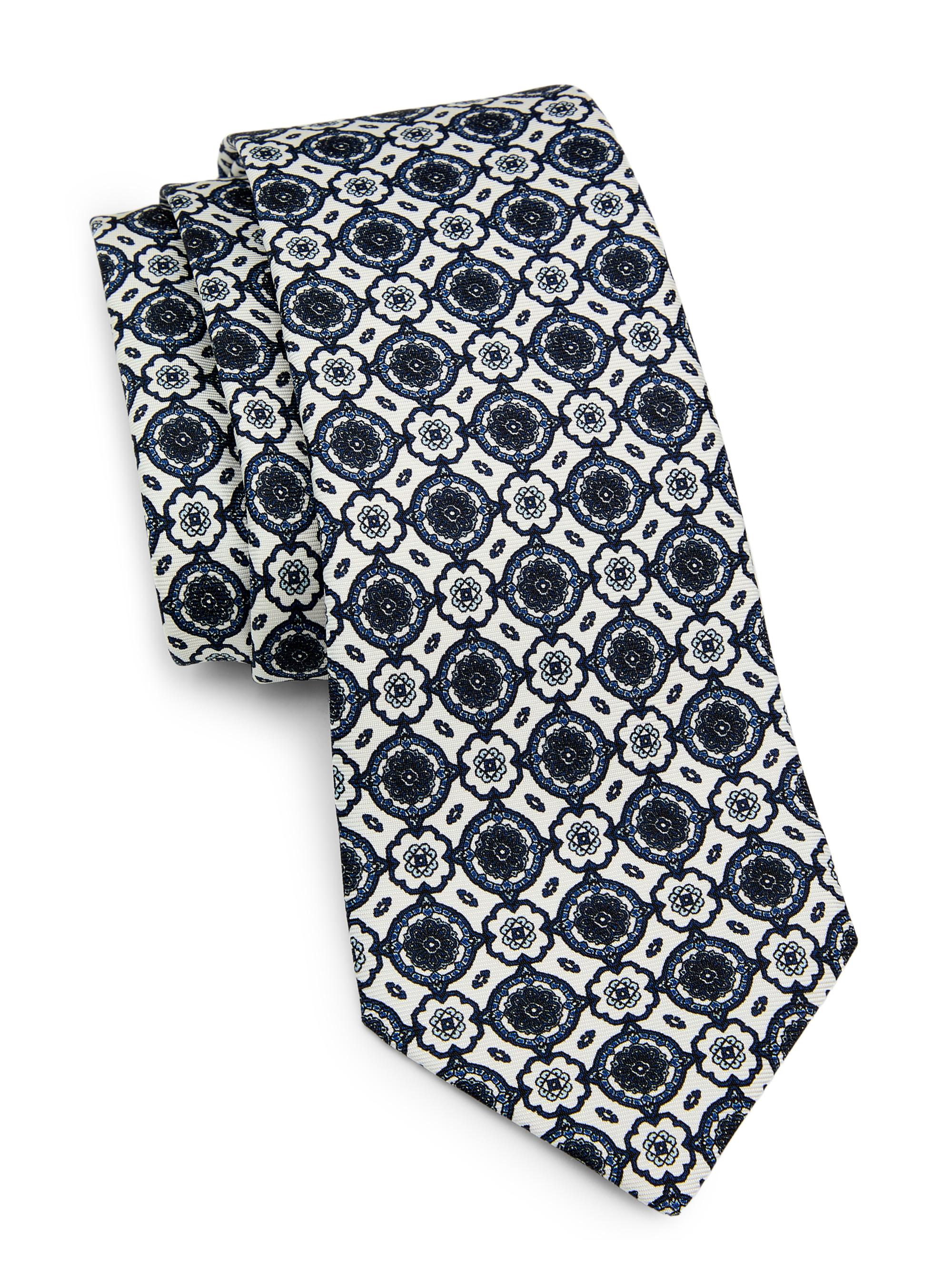 Kiton Men's Mosaic-Print Silk Tie - White Blue