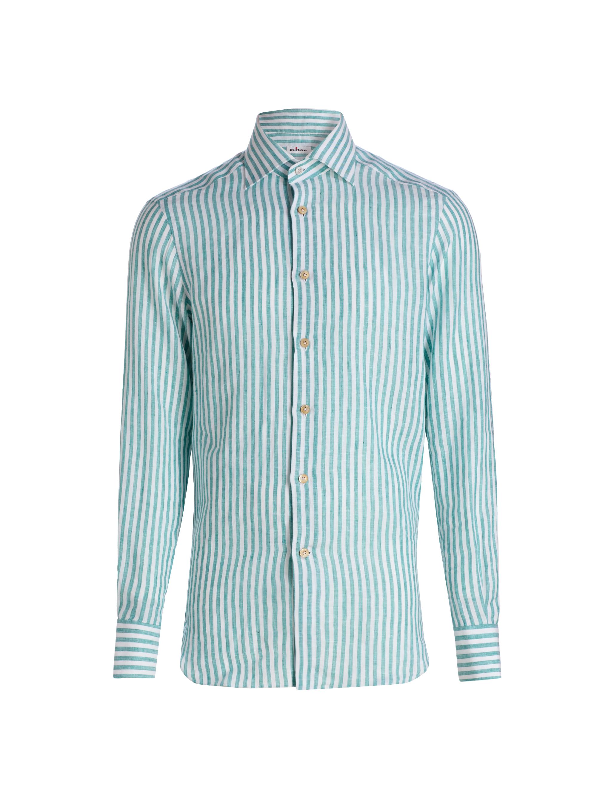 Kiton Men's Bengal Striped Linen Button-Front Shirt - Green