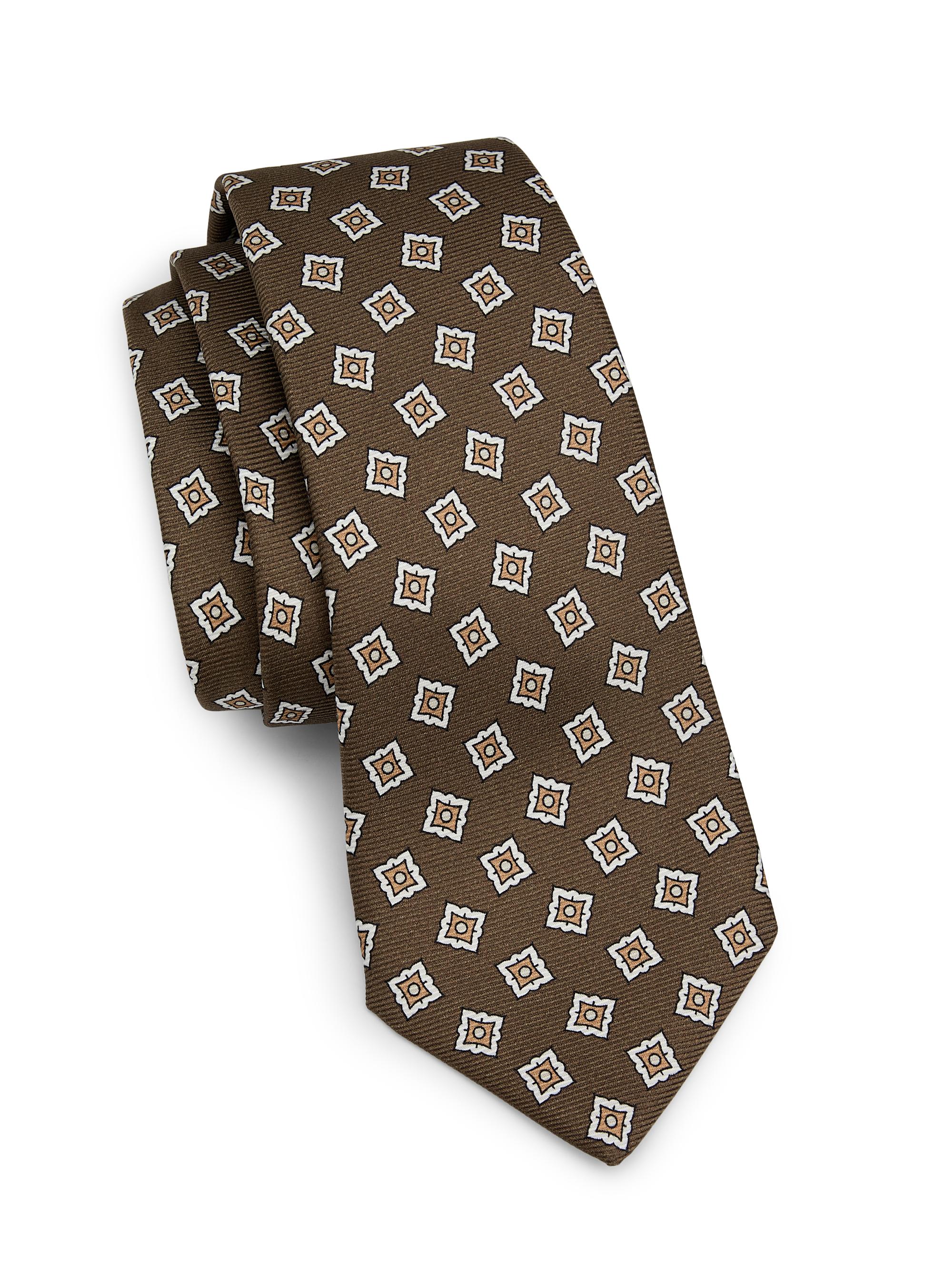 Kiton Men's Medallion-Print Silk Tie - Brown