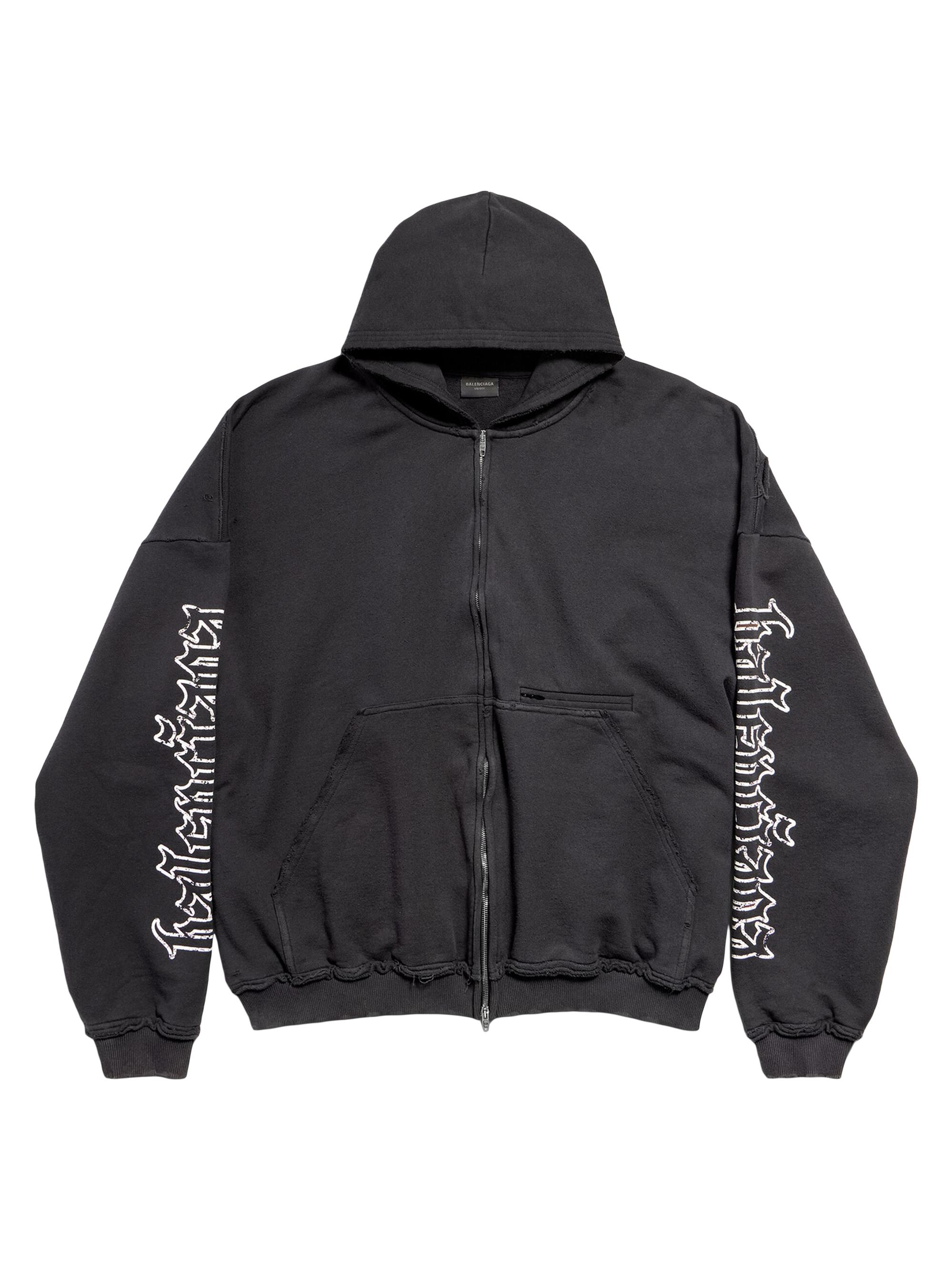Balenciaga Women's Blackletter Script Pulled Zip-Up Hoodie Large Fit - Faded Black