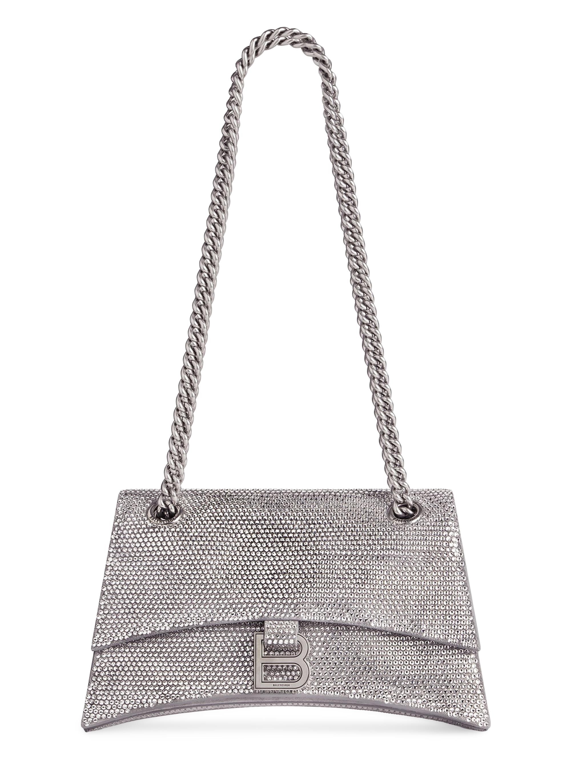 Balenciaga Women's Crush  Chain Shoulder Bag with Rhinestones - Grey