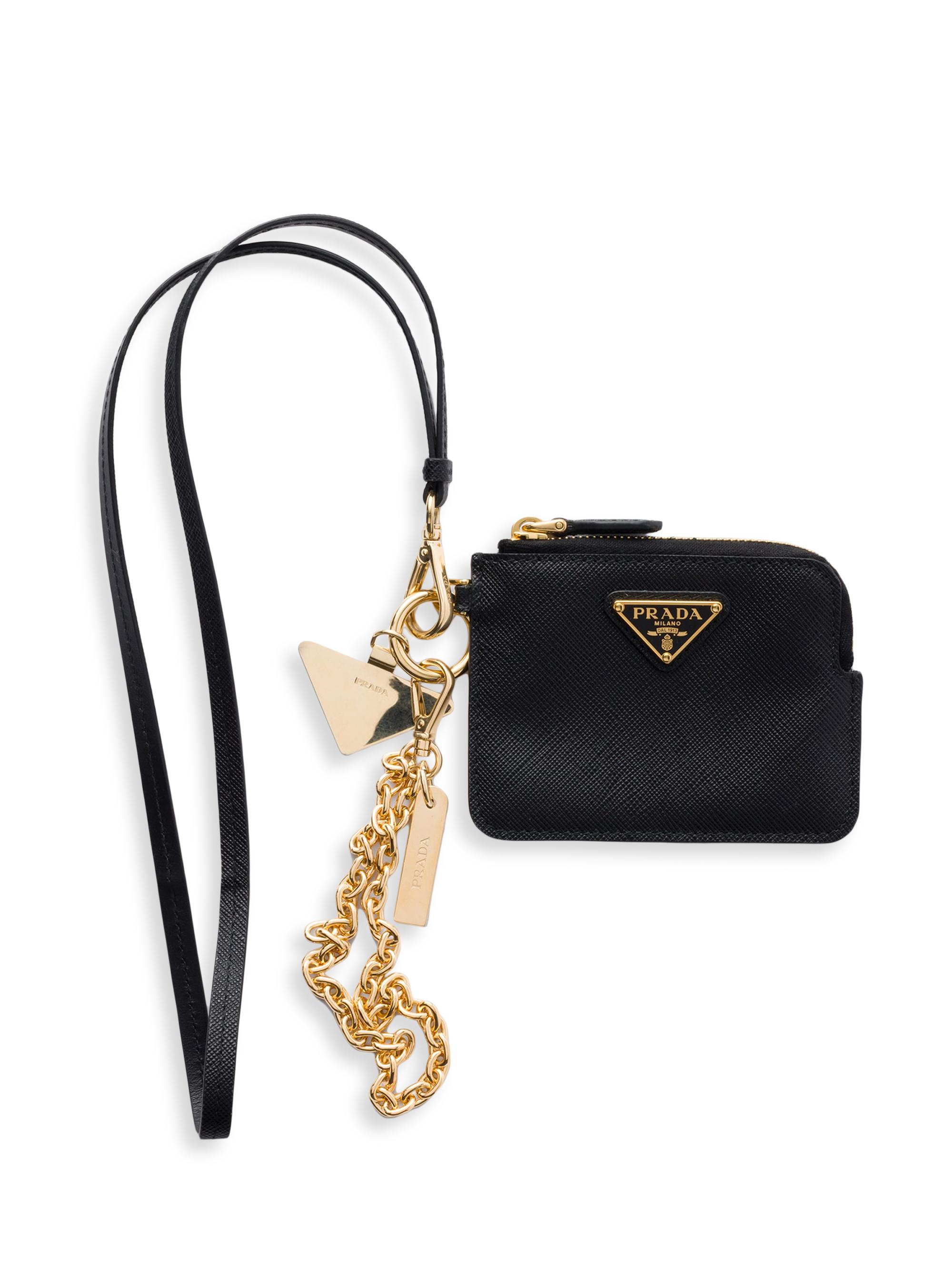 Prada Saffiano Leather Card Holder with Shoulder Strap | Saks