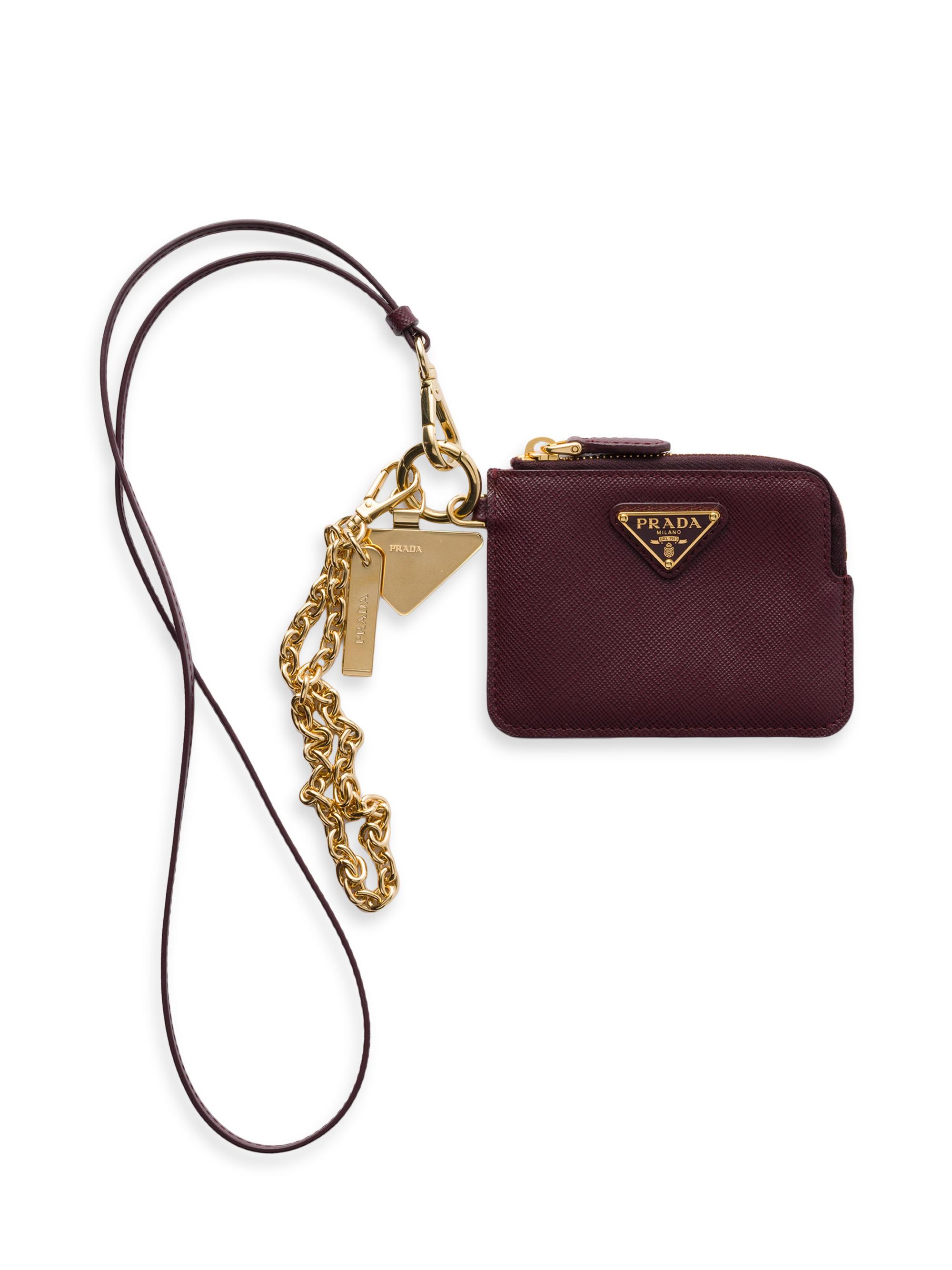 Prada Women's Saffiano Leather Card Holder with Shoulder Strap - Dark Red