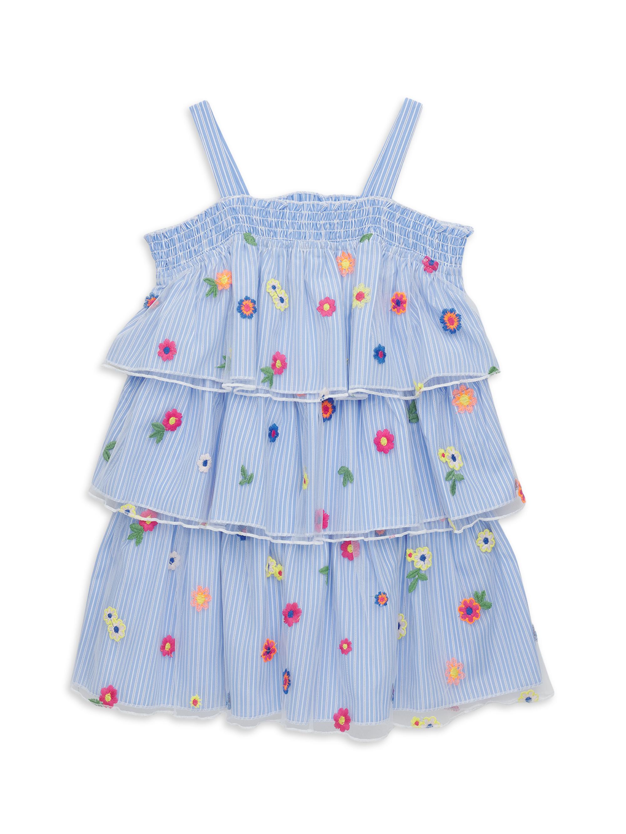 Hannah Banana Little Girl's & Girl's Striped Floral Embroidered Tiered Dress - Blue Multi