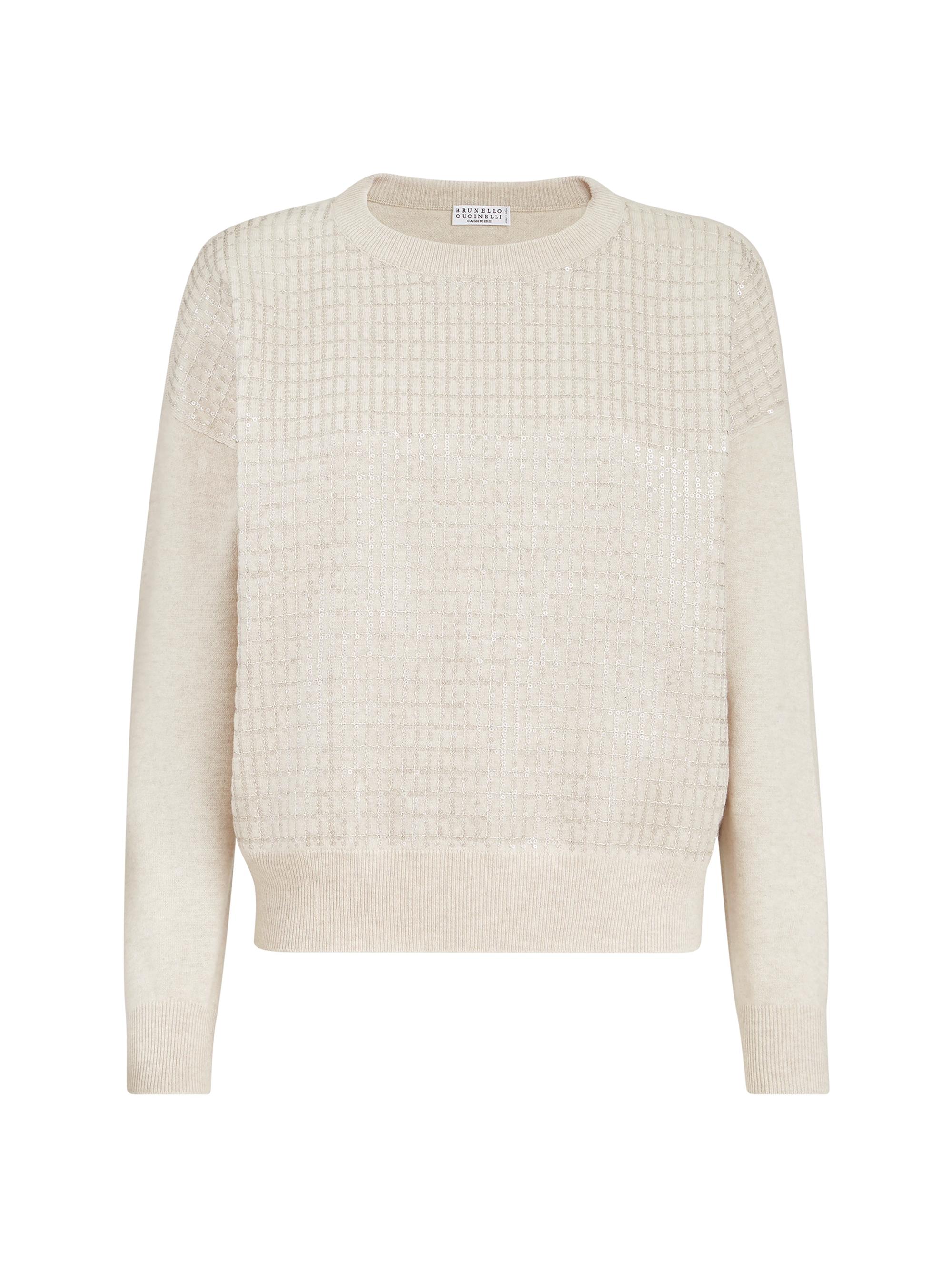 Brunello Cucinelli Women's Virgin Wool, Cashmere and Silk Sweater with Dazzling Check Embroidery - Beige