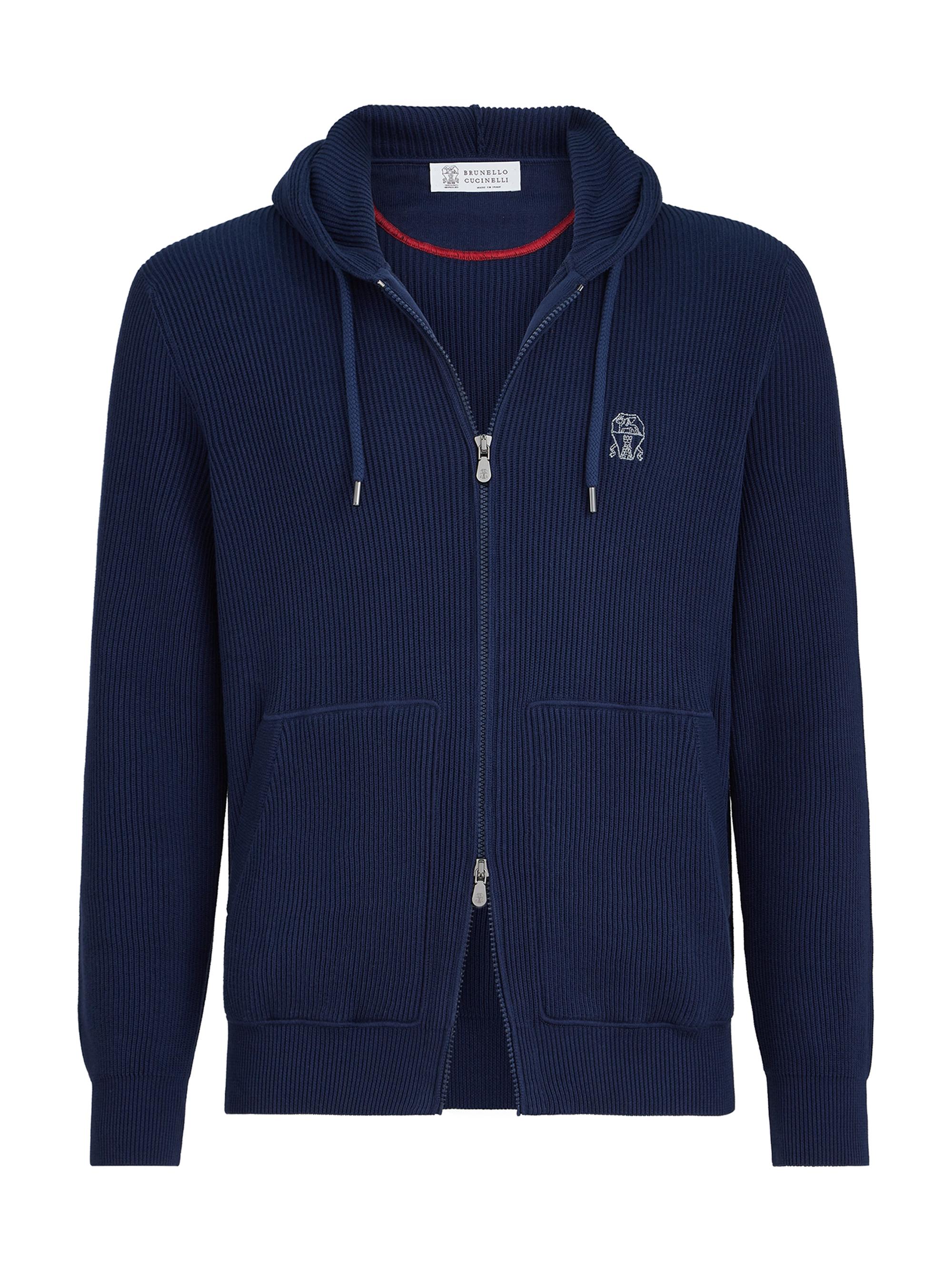 Brunello Cucinelli Men's Cotton English Rib Knit Hooded Sweatshirt with Logo and Zipper - Azure | Thumbnail 7