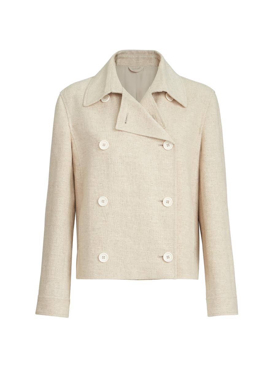 Brunello Cucinelli Women's Slubbed Linen, Silk And Hemp Cropped Pea Coat With Monili In Sand
