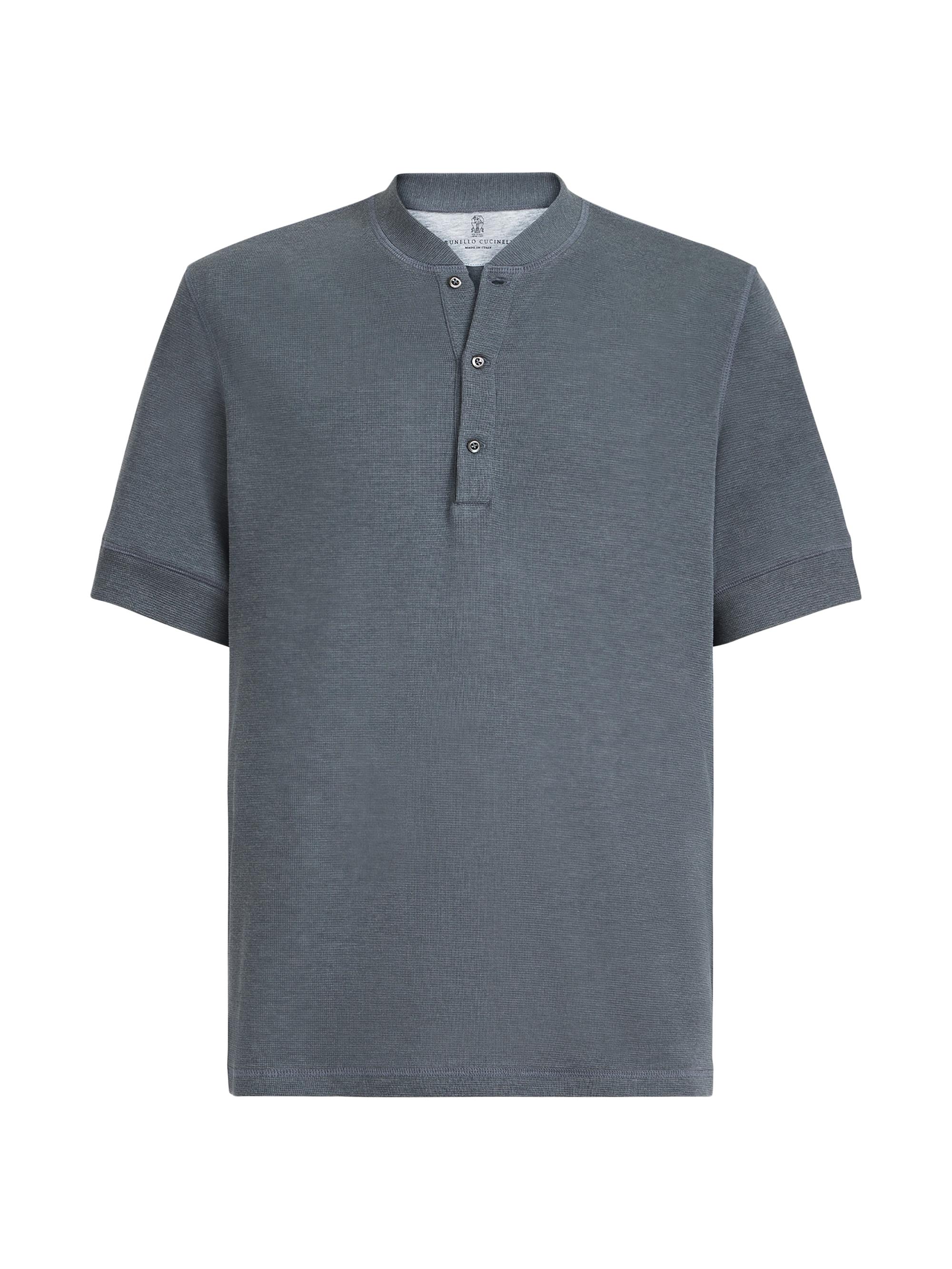 Brunello Cucinelli Men's Cotton Waffle Jersey T-Shirt with Henley Collar - Grey