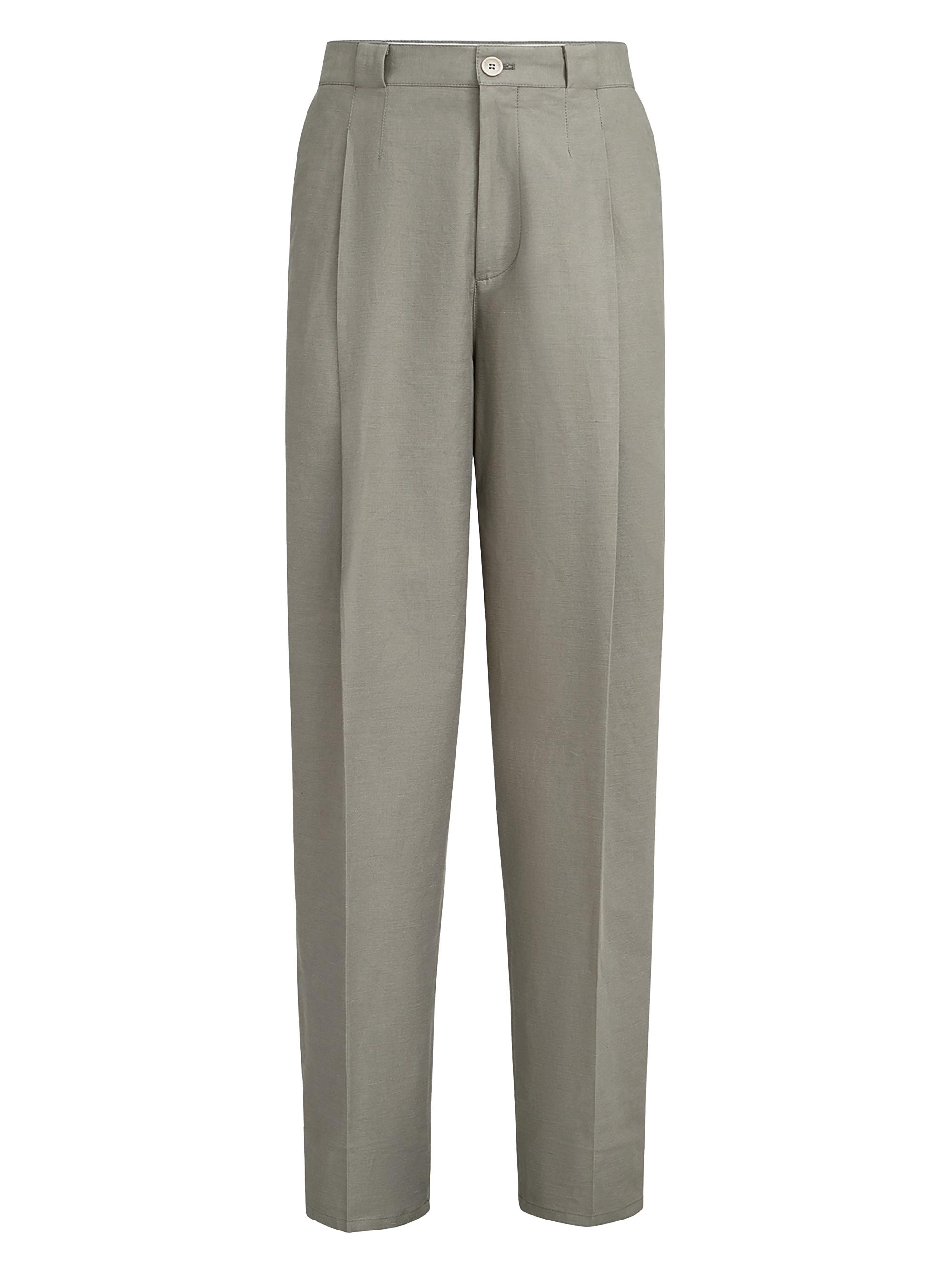 Brunello Cucinelli Men's Cotton and Linen Panama Trousers with Pleats - Khaki