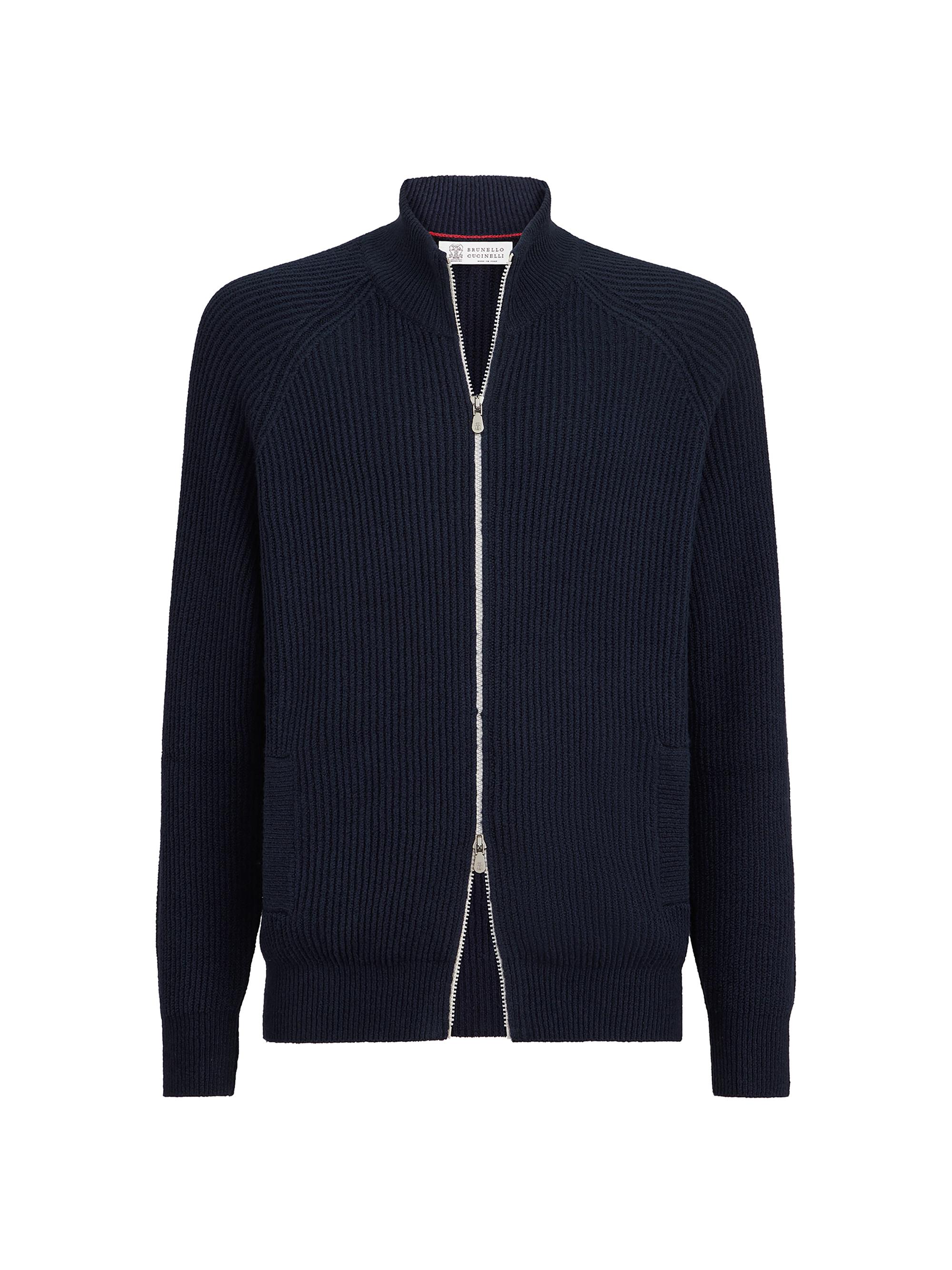 Brunello Cucinelli Men's Malfilé Cotton English Rib Cardigan with Raglan Sleeves - Blue