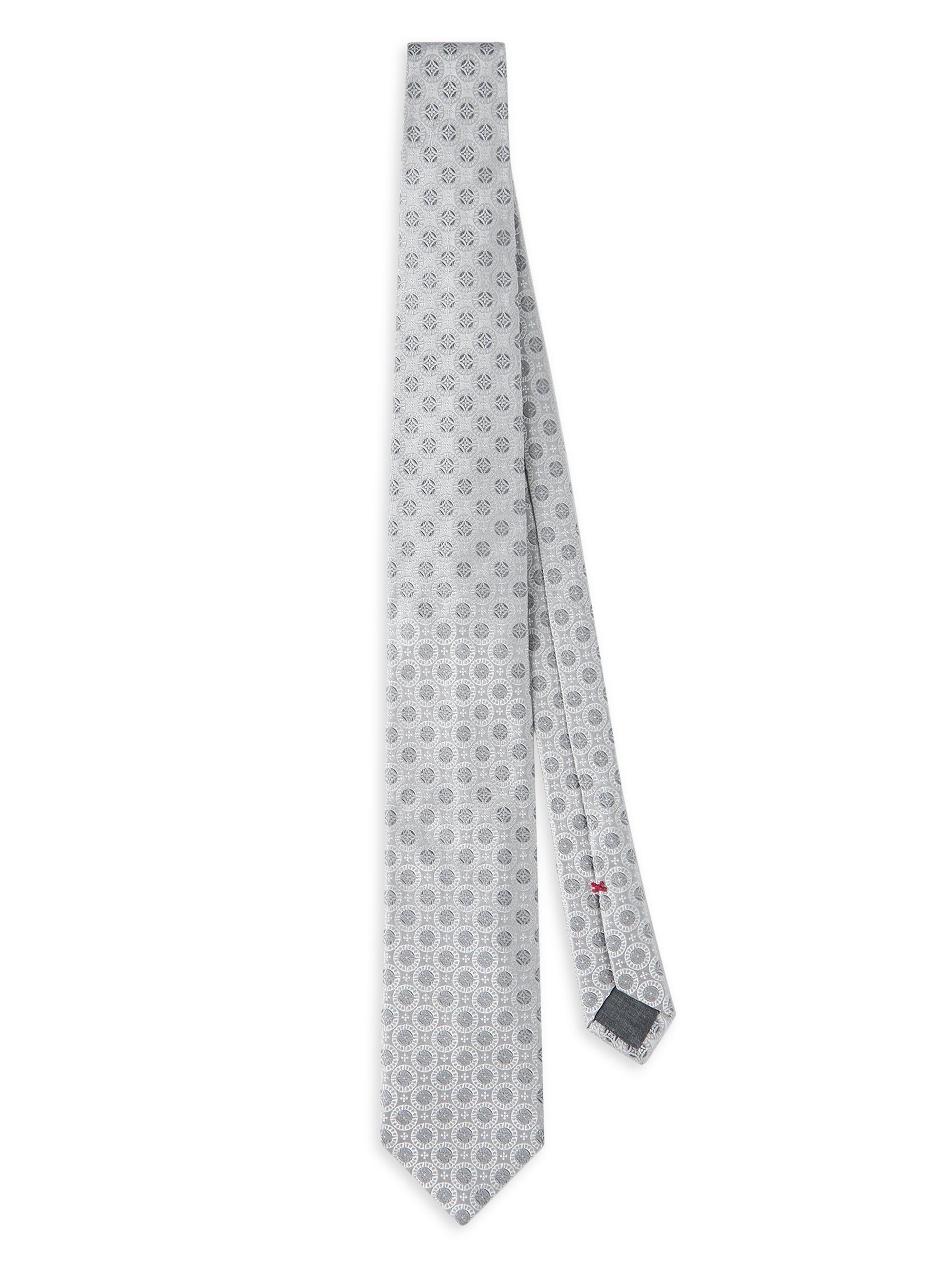 Brunello Cucinelli Men's Geometric Patterned Silk Tie - Light Grey