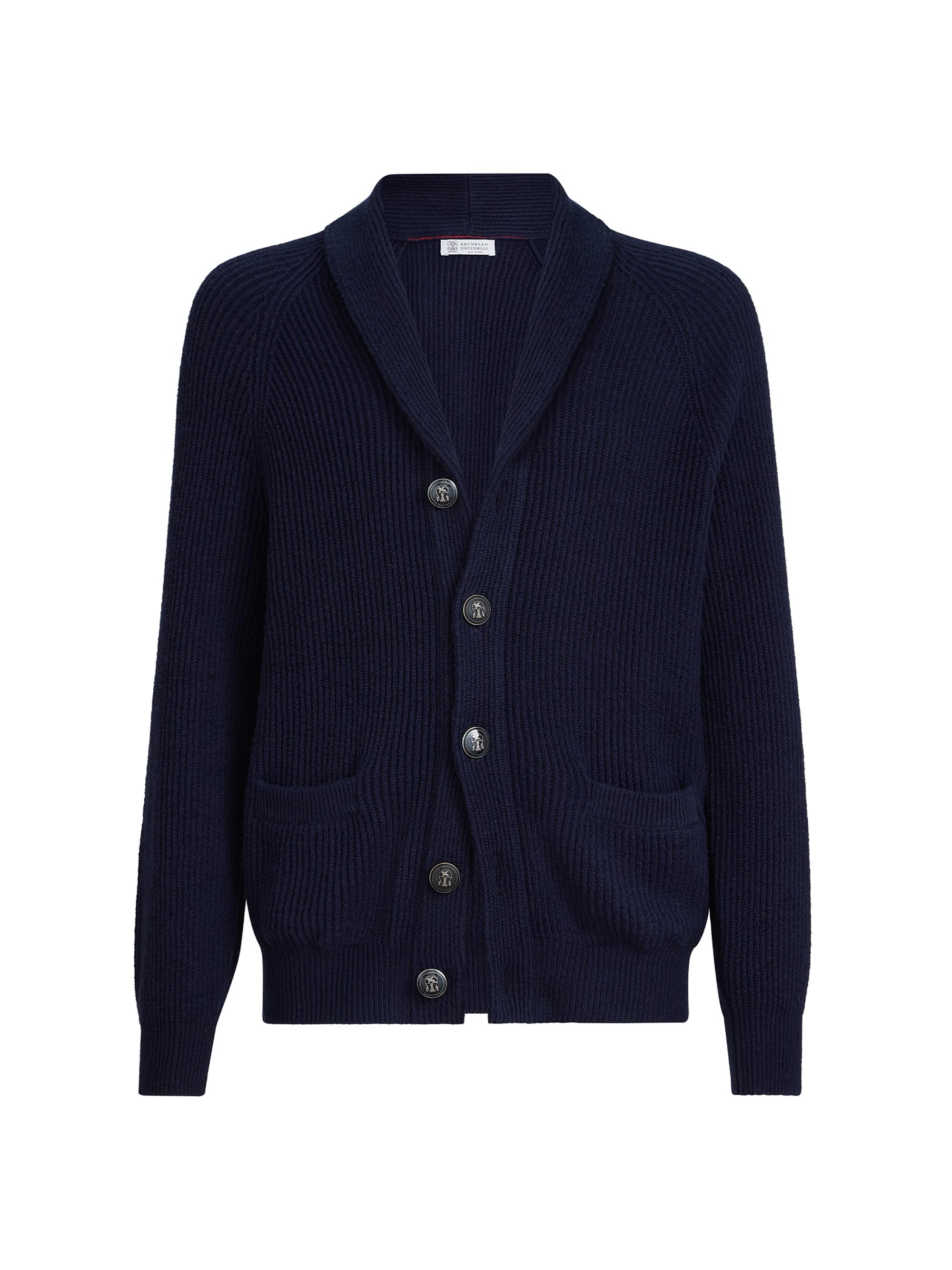 Brunello Cucinelli Men's Malfilé Cotton English Rib Cardigan with Raglan Sleeves - Navy Blue