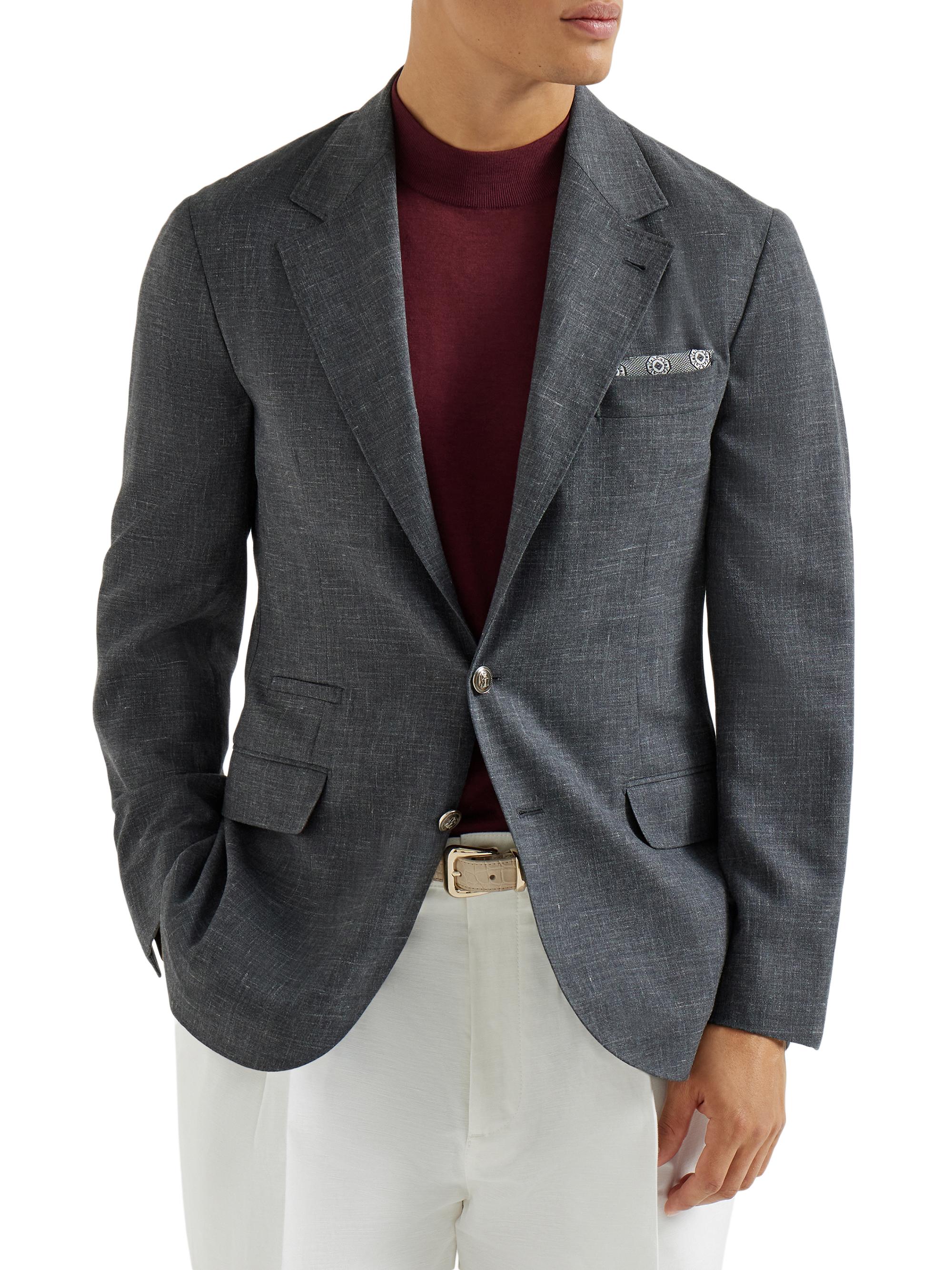 Brunello Cucinelli Men's Wool, Silk and Linen Slubbed Fresco Deconstructed Blazer with Metal Buttons - Dark Grey