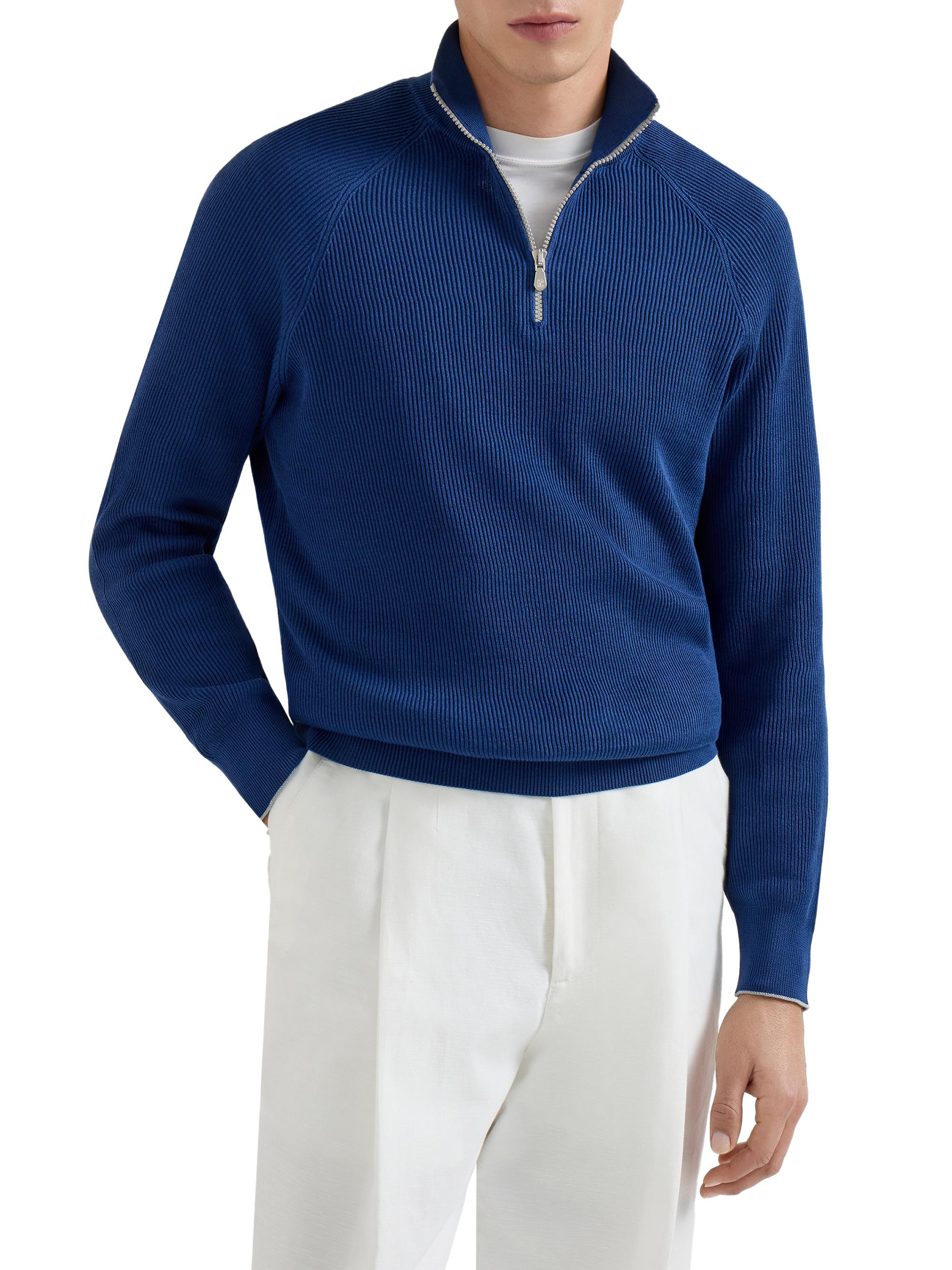 Brunello Cucinelli Cotton English Rib Sweater with Half Zip and
