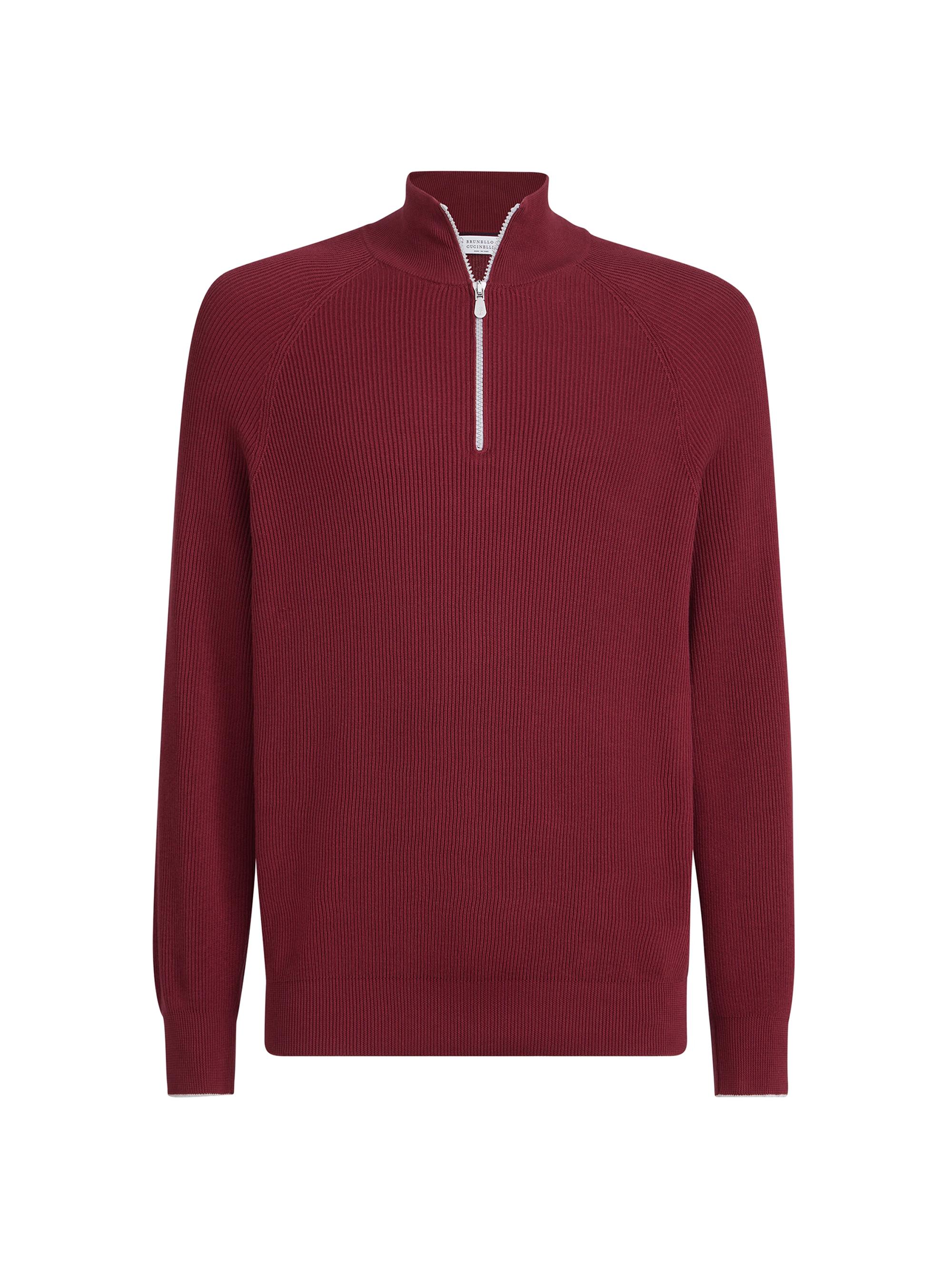Brunello Cucinelli Men's Cotton English Rib Sweater with Half Zip and Raglan Sleeves - Red