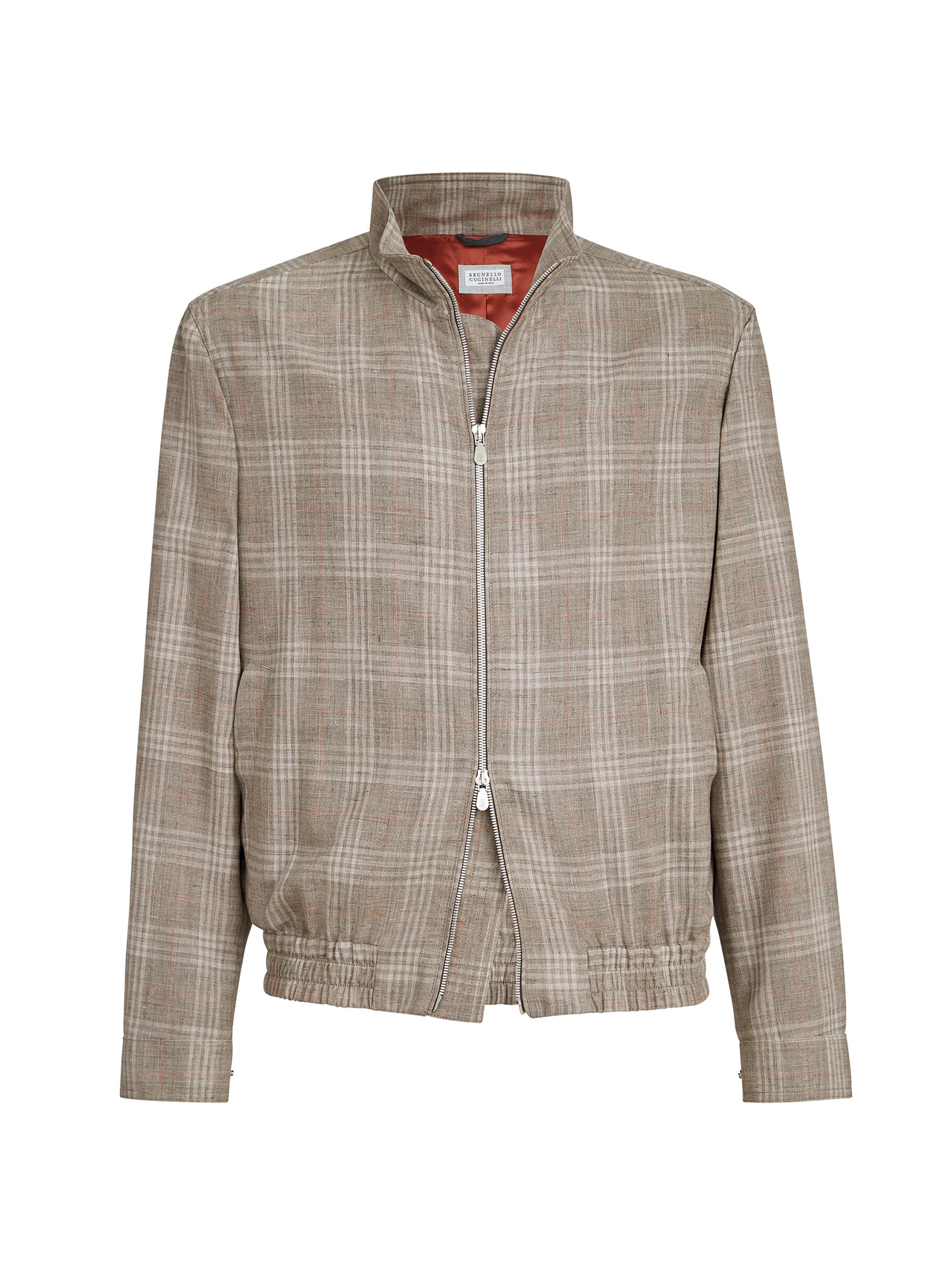 Brunello Cucinelli Men's Wool, Silk and Linen Tartan Outerwear Jacket with Stand Collar - Light Grey