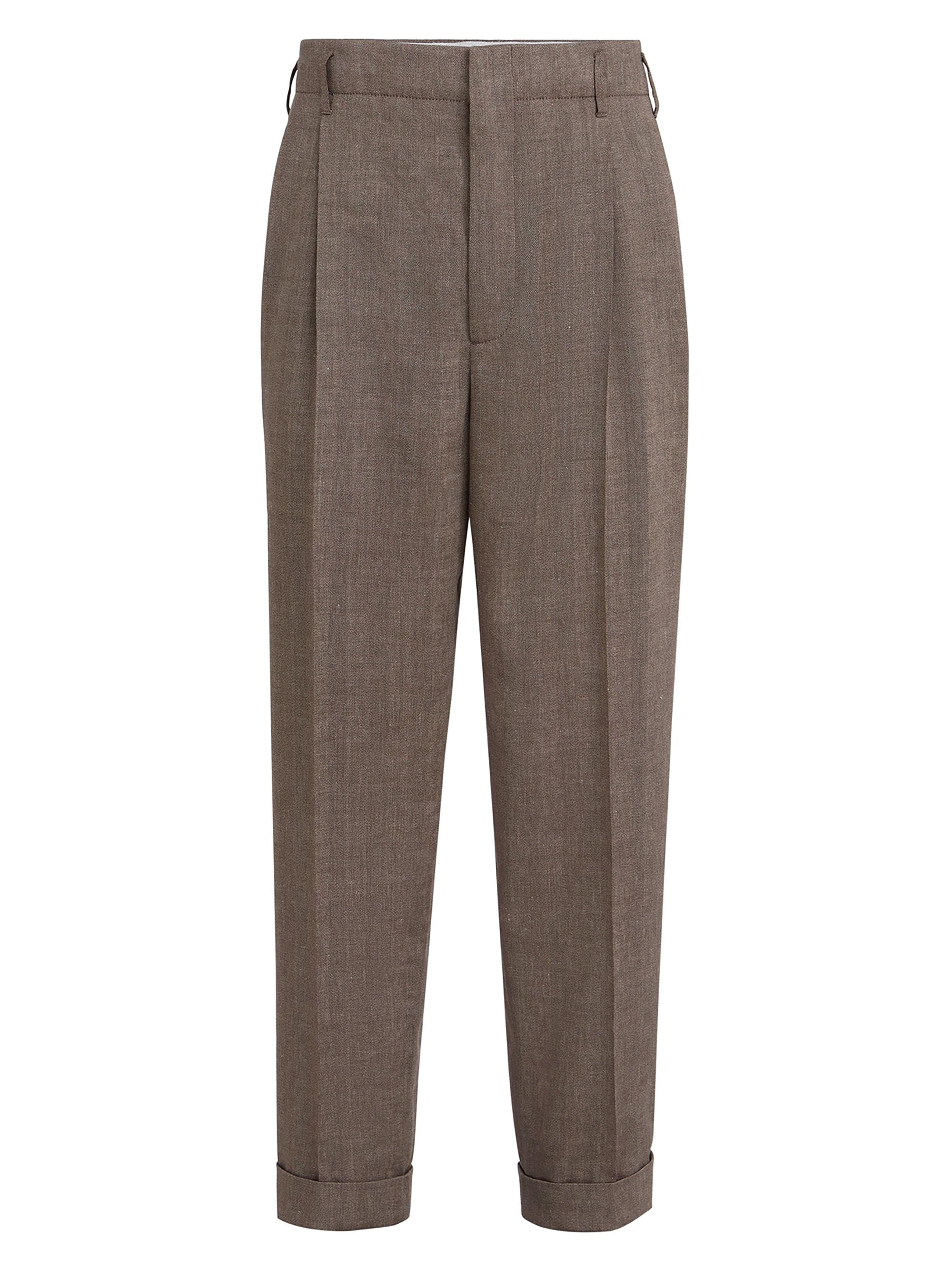 Brunello Cucinelli Men's Linen and Virgin Wool Chevron Trousers with Double Pleats - Hazelnut