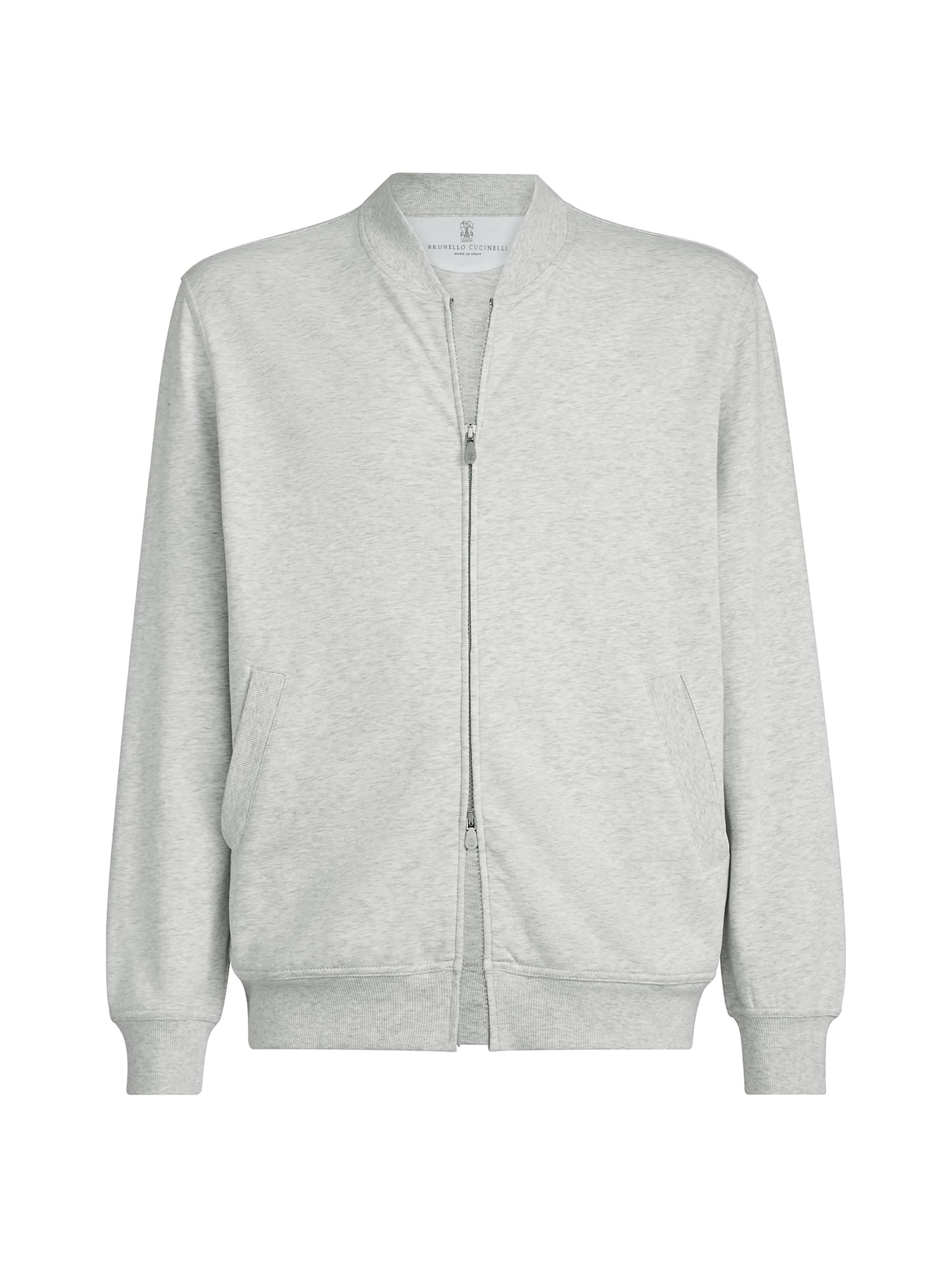 Brunello Cucinelli Men's Techno Cotton French Terry Sweatshirt with Zipper - Pearl Grey