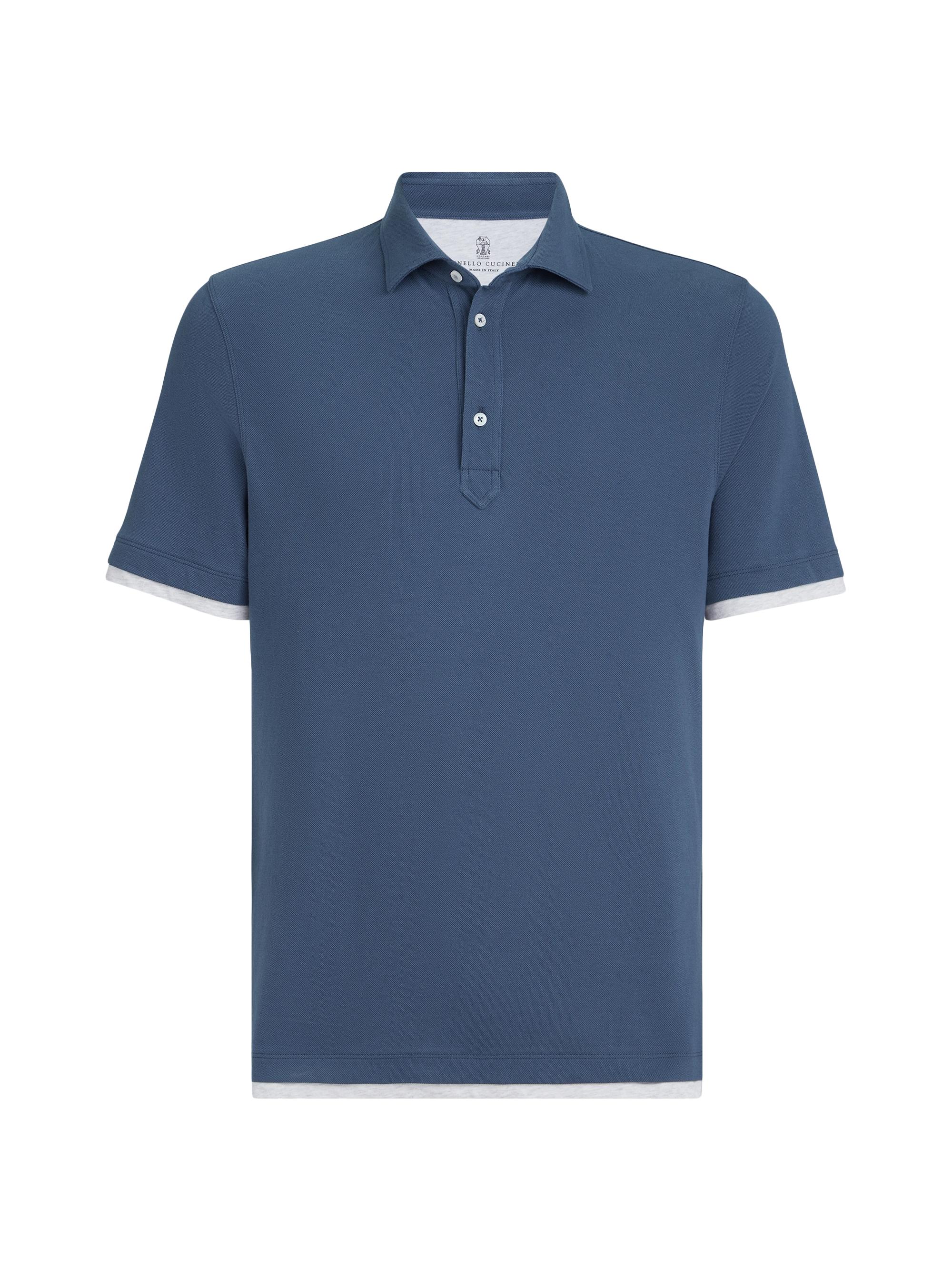 Brunello Cucinelli Men's Cotton Piqué Shirt Style Collar Polo with Faux Layering - Azure