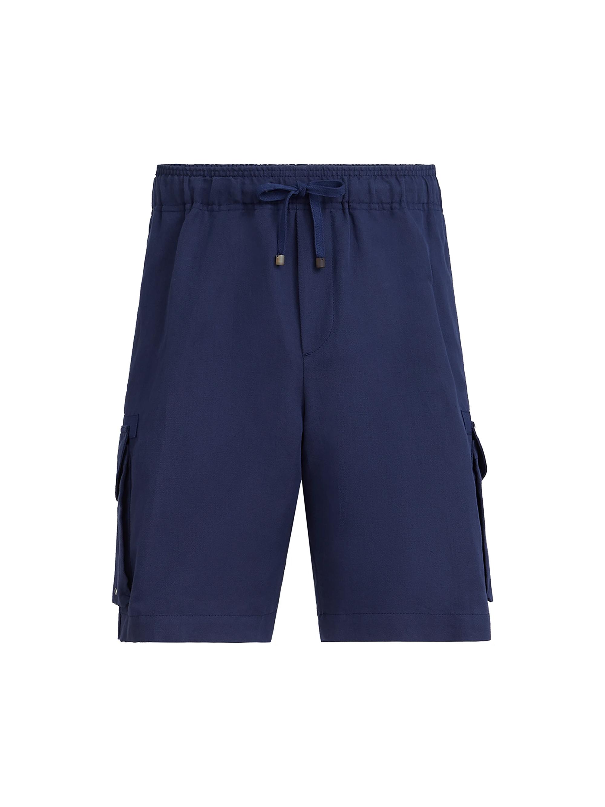 Brunello Cucinelli Men's Linen and Cotton Drill Bermuda Shorts with Drawstring and Cargo Pockets - Blue