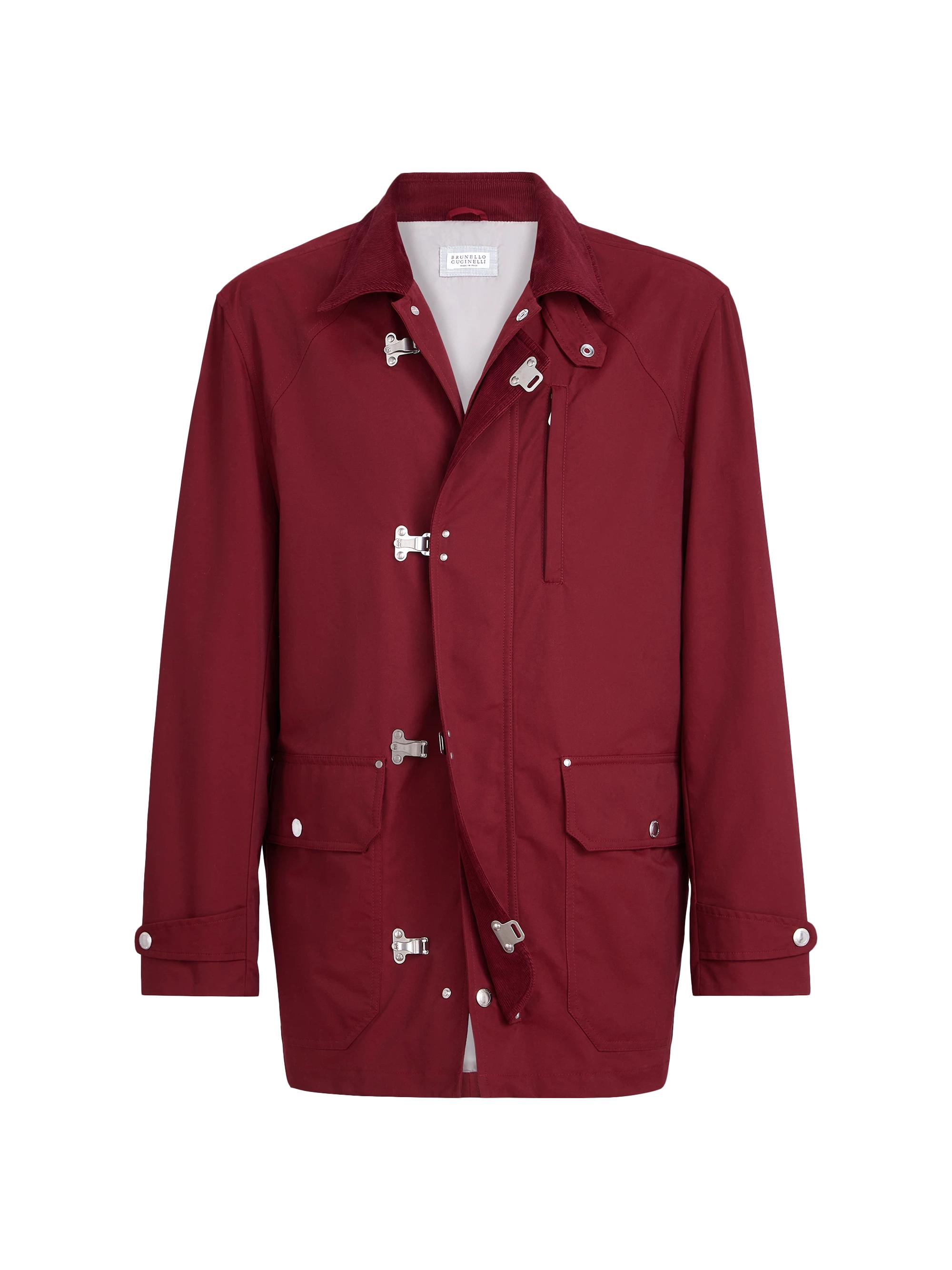Brunello Cucinelli Men's Water Resistant Techno Cotton Gabardine Outerwear Jacket with Hook Fastening - Cherry