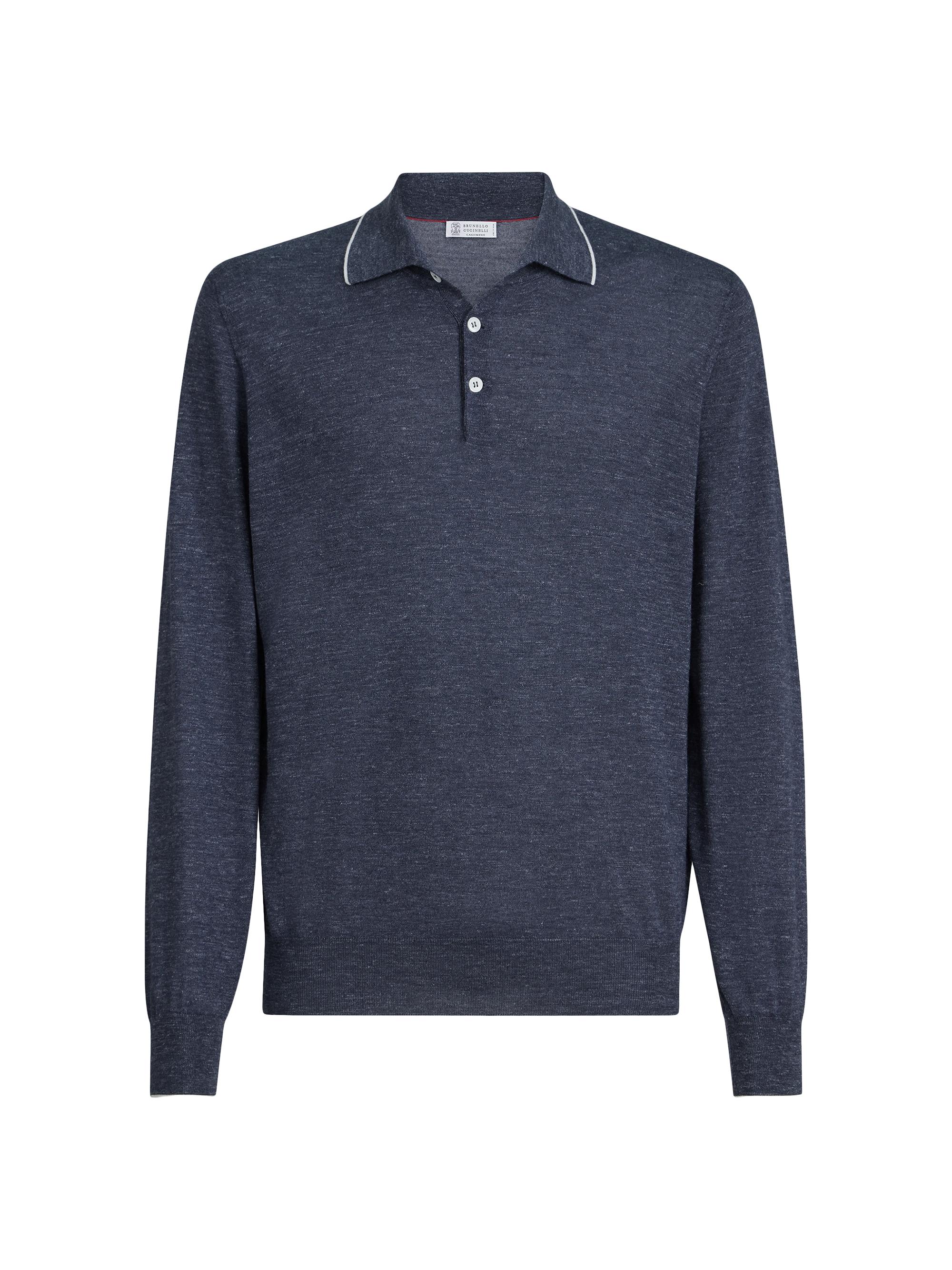 Men's Cashmere, Silk and Hemp Lightweight Knit Polo Shirt - Avio Blue