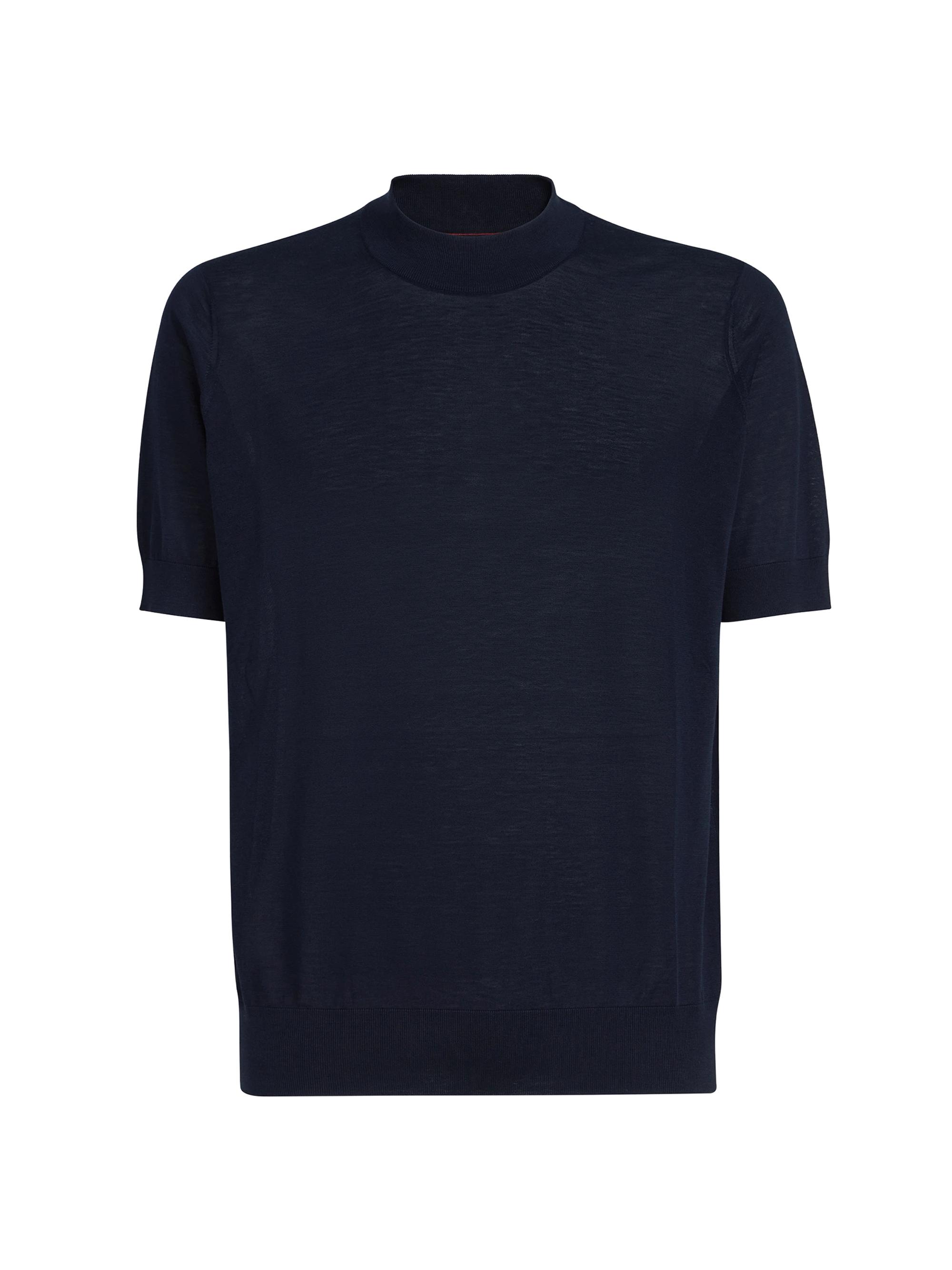 Brunello Cucinelli Men's Lightweight Silk and Cotton Knit T-Shirt with Mock Neck - Navy Blue