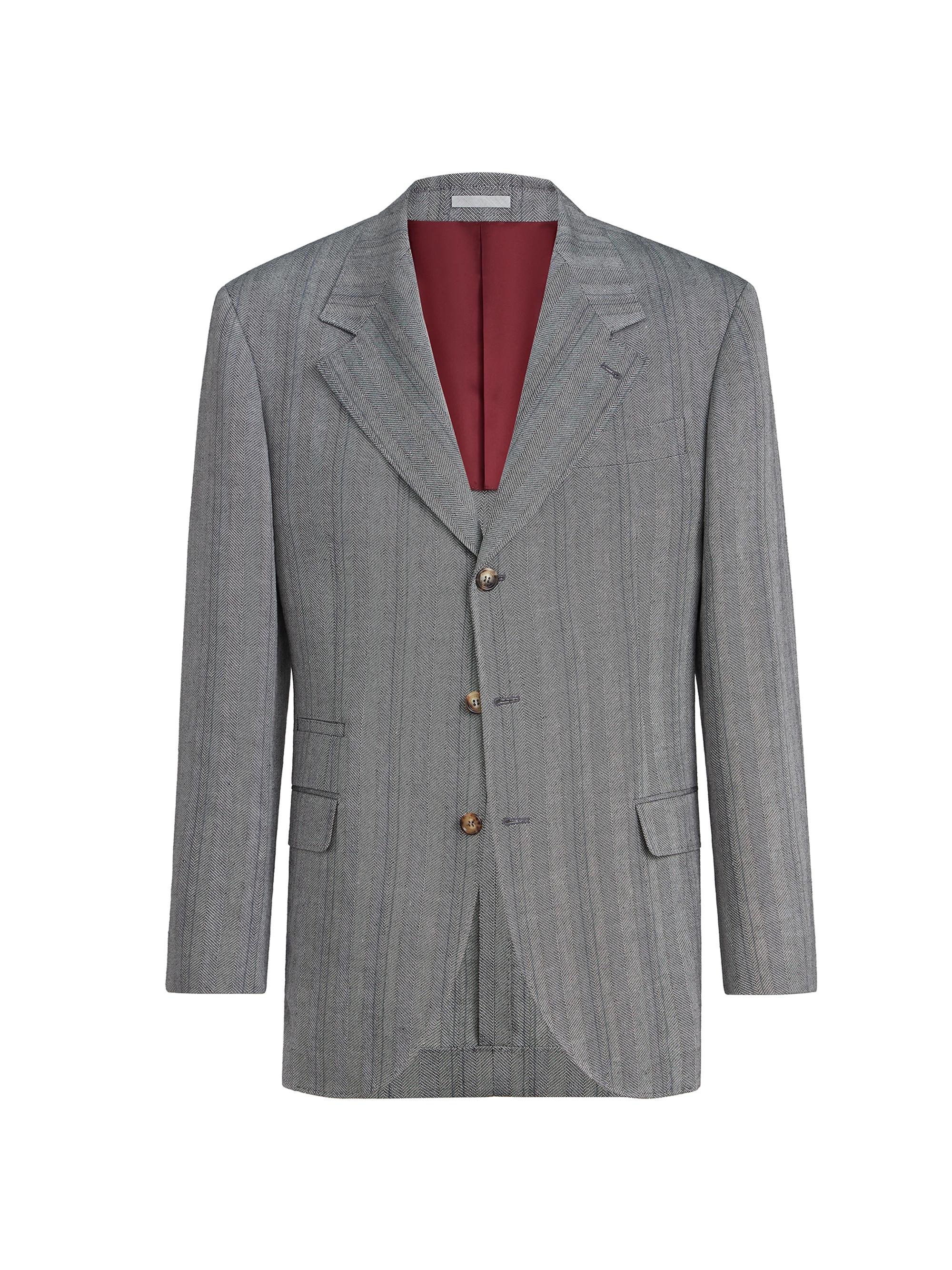 Brunello Cucinelli Men's Hemp, Virgin Wool and Silk Chevron Tailor Blazer - Medium Grey