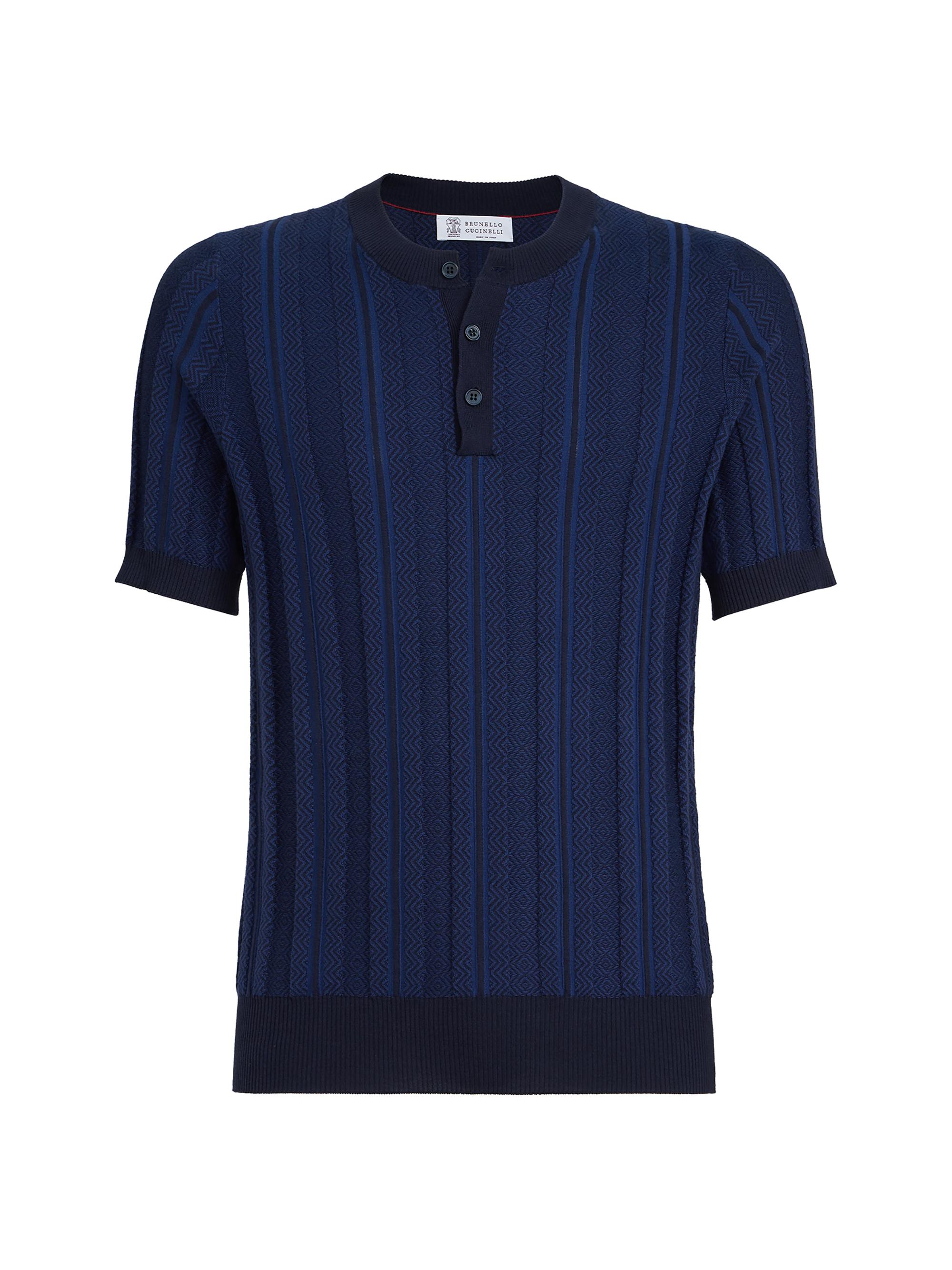 Brunello Cucinelli Men's Cotton Jacquard Textured Rib Knit Henley T-Shirt - Navy Blue