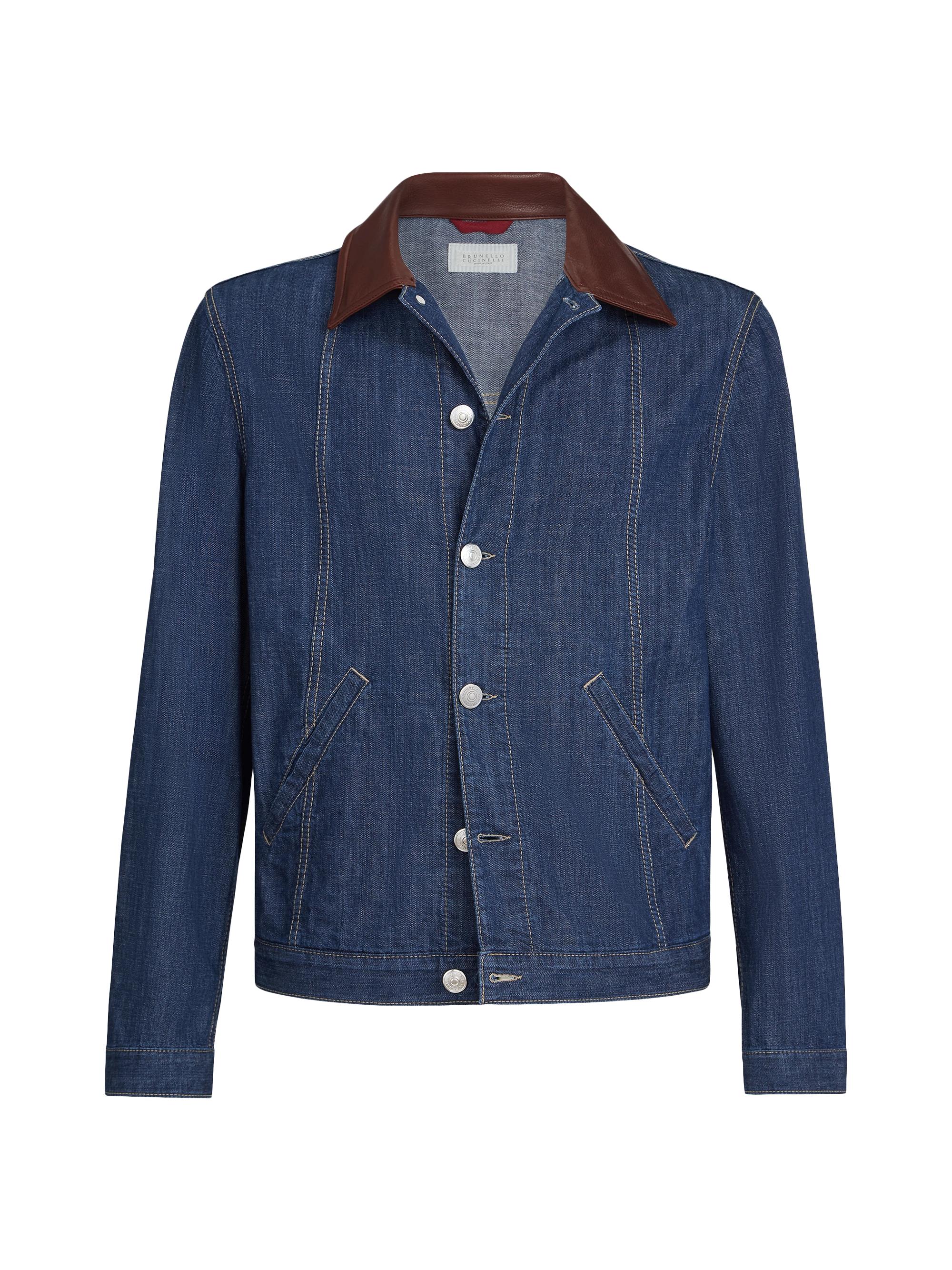 Brunello Cucinelli Men's Lightweight Denim Outerwear Jacket with Leather Collar - Denim