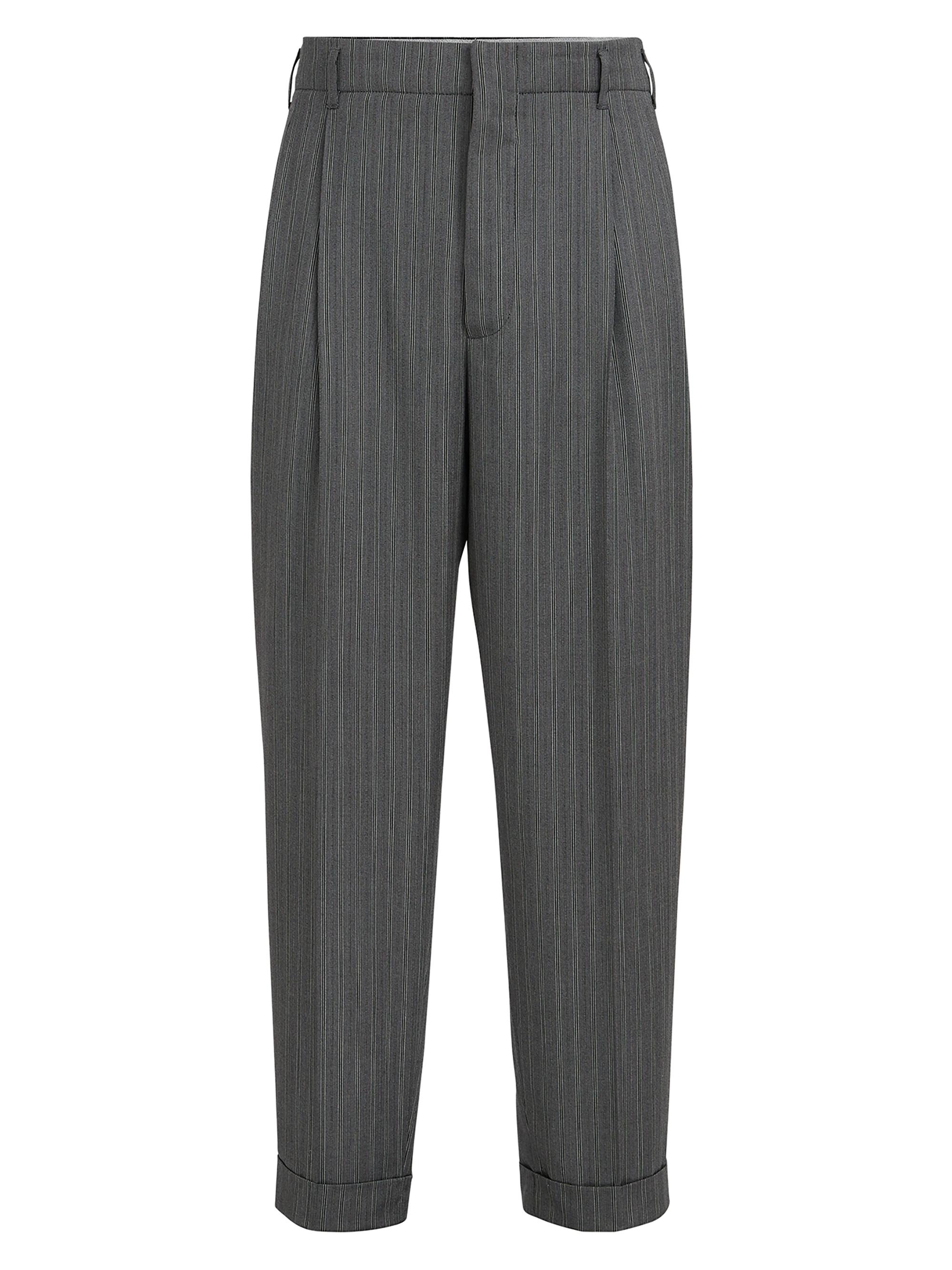 Brunello Cucinelli Men's Striped Pattern Virgin Wool Fresco Trousers with Double Pleats - Dark Grey