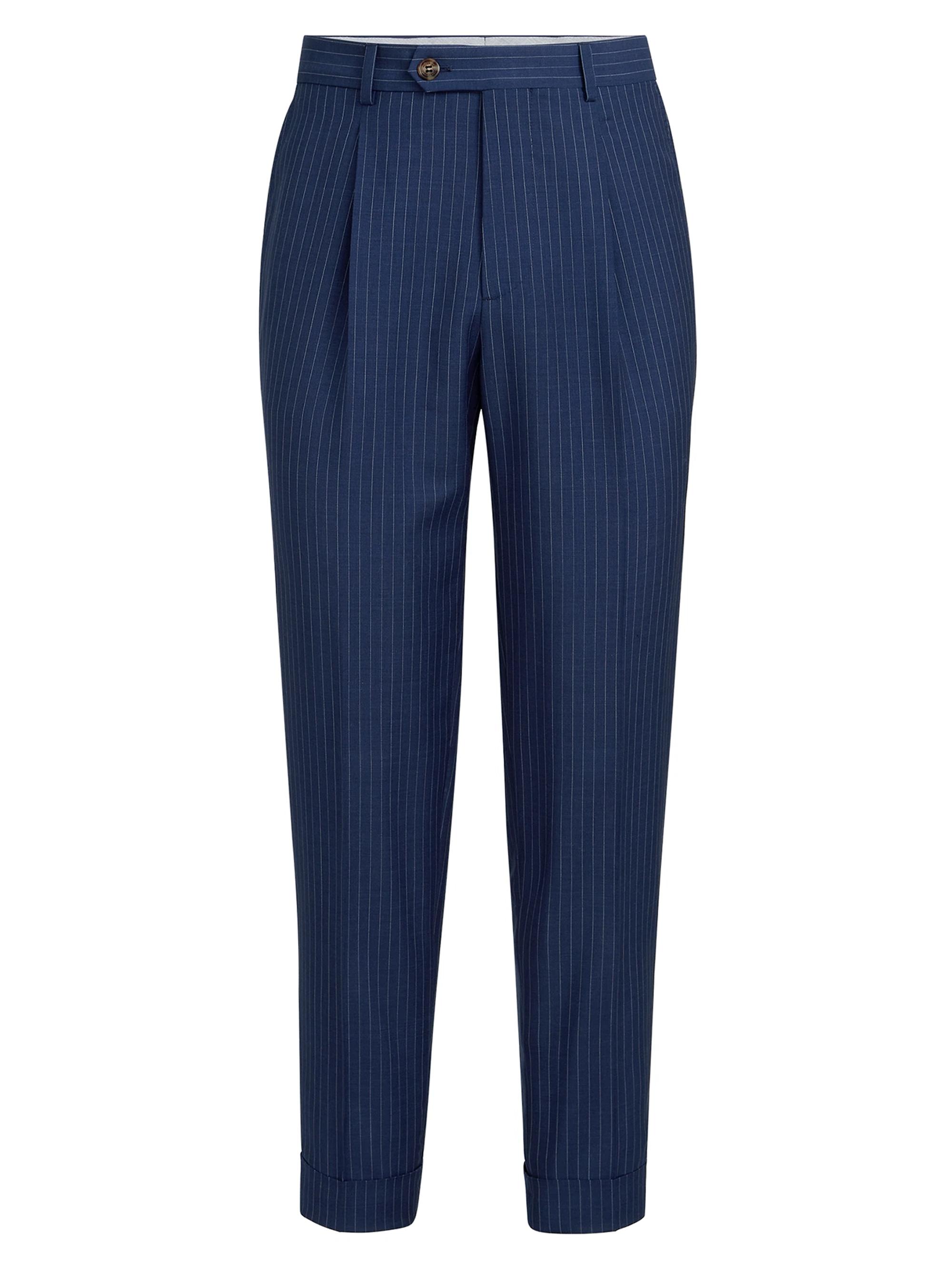 Brunello Cucinelli Men's Wool and Mohair Pinstripe Fresco Pleated Trousers - Blue