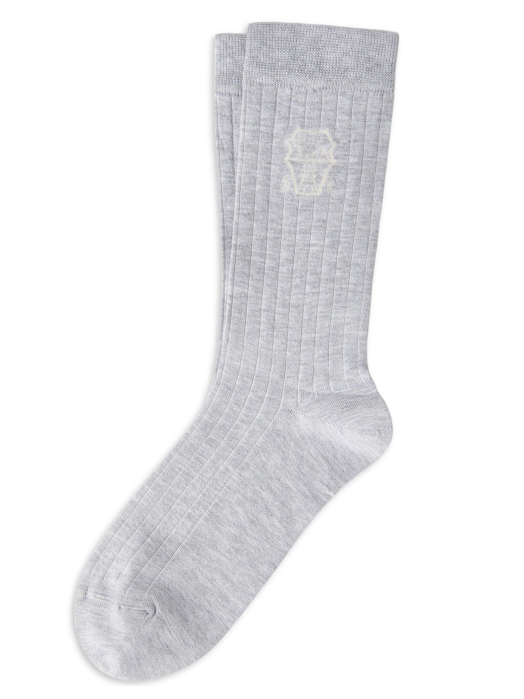 Brunello Cucinelli Men's Cotton Chalk Stripe Effect Socks With Logo - Fog