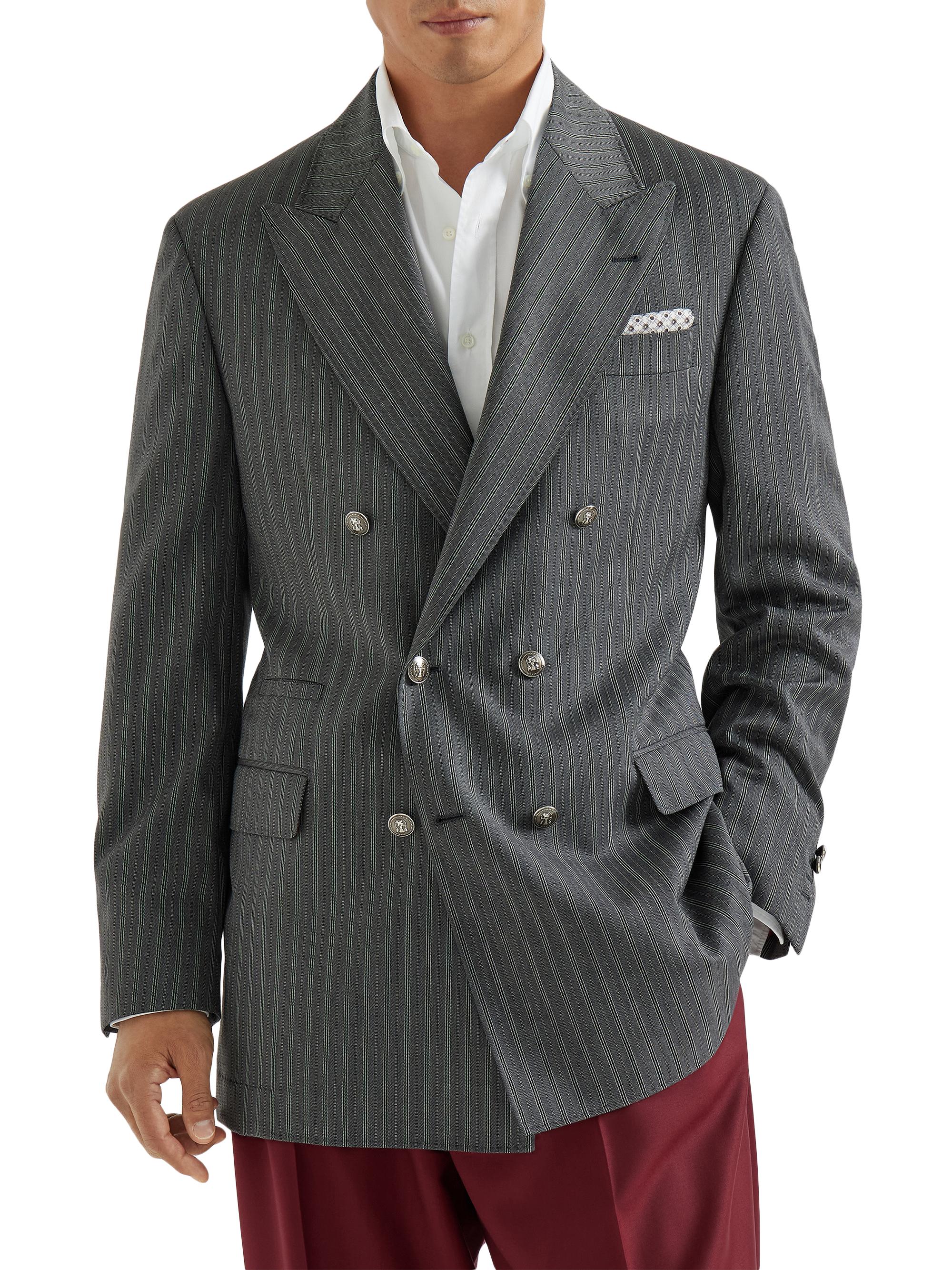 Brunello Cucinelli Men's Virgin Wool Fresco One and a Half Breasted Tailor Blazer with Metal Buttons - Dark Grey
