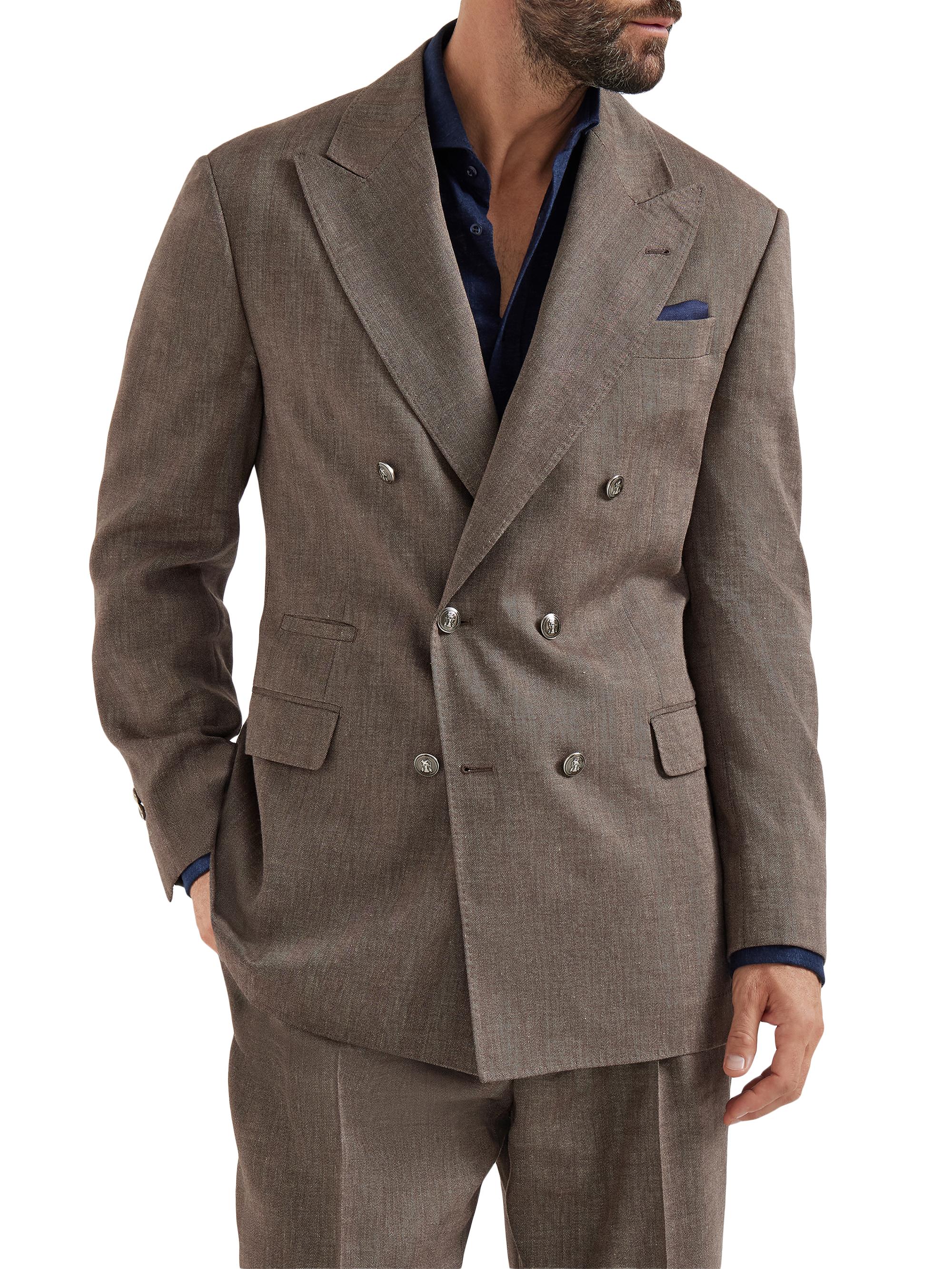 Brunello Cucinelli Men's Linen and Virgin Wool Chevron One and a Half Breasted Tailor Blazer - Hazelnut