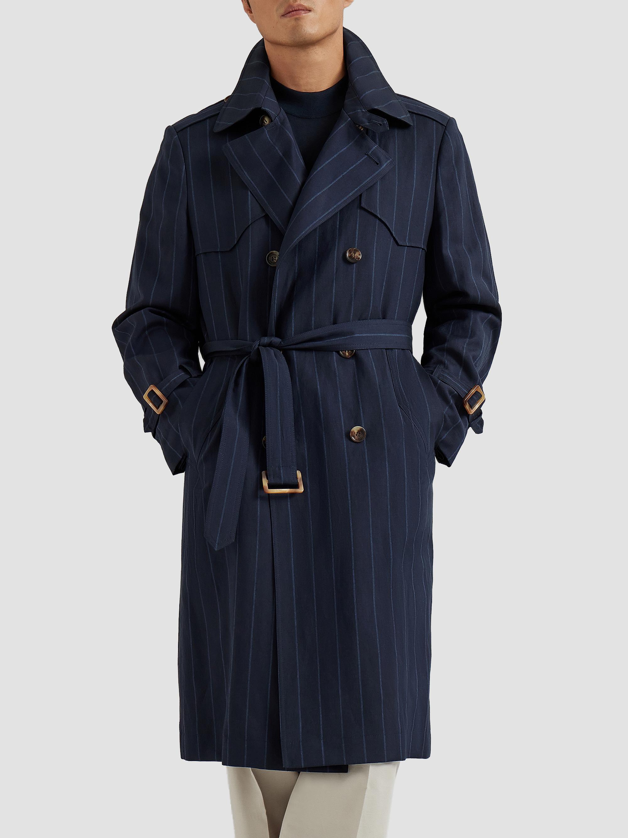 Brunello Cucinelli Virgin Wool and Linen Chalk Stripe Trenchcoat