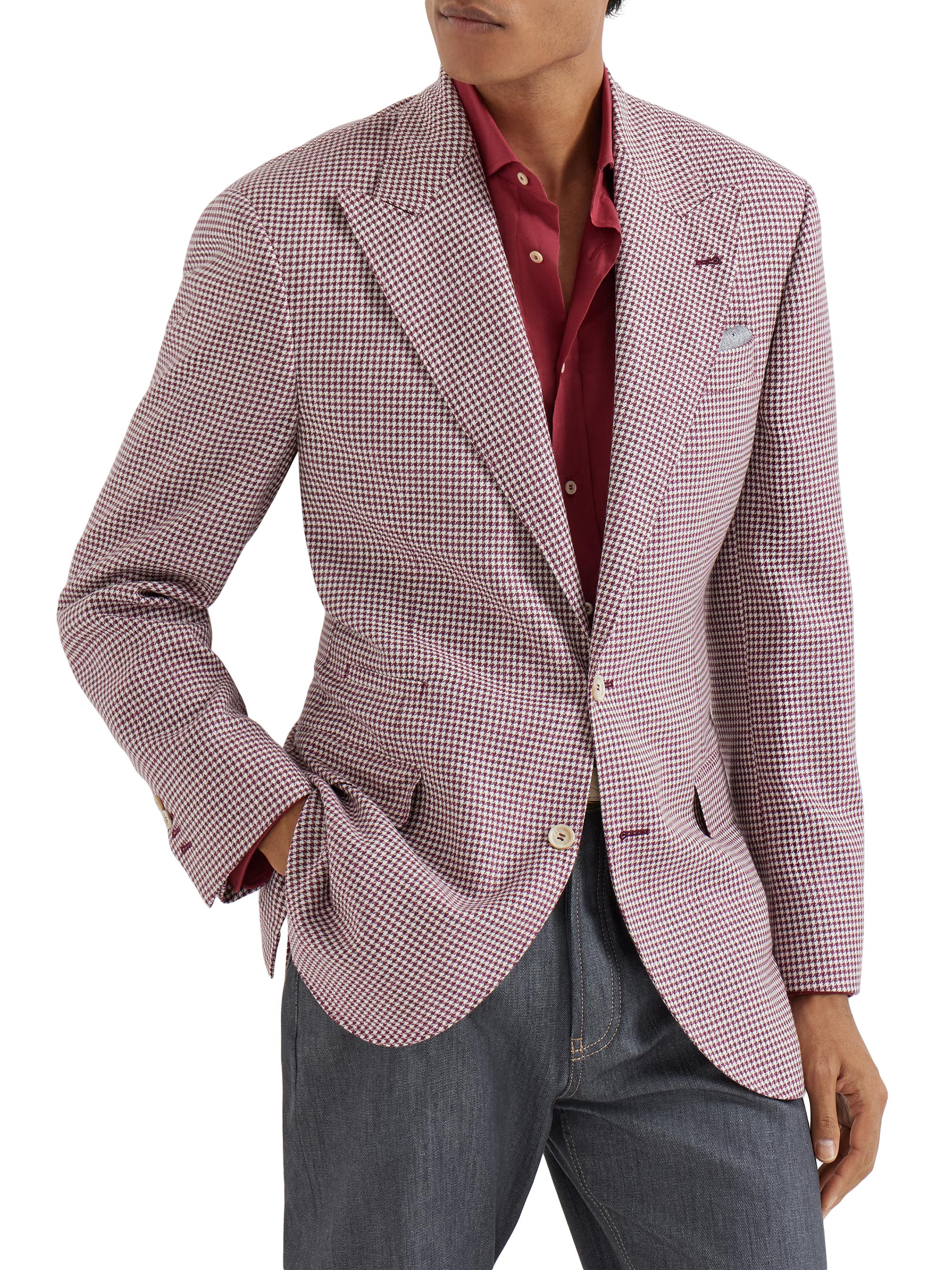 Brunello Cucinelli Men's Virgin Wool, Silk and Linen Houndstooth Tailor Blazer - Cherry