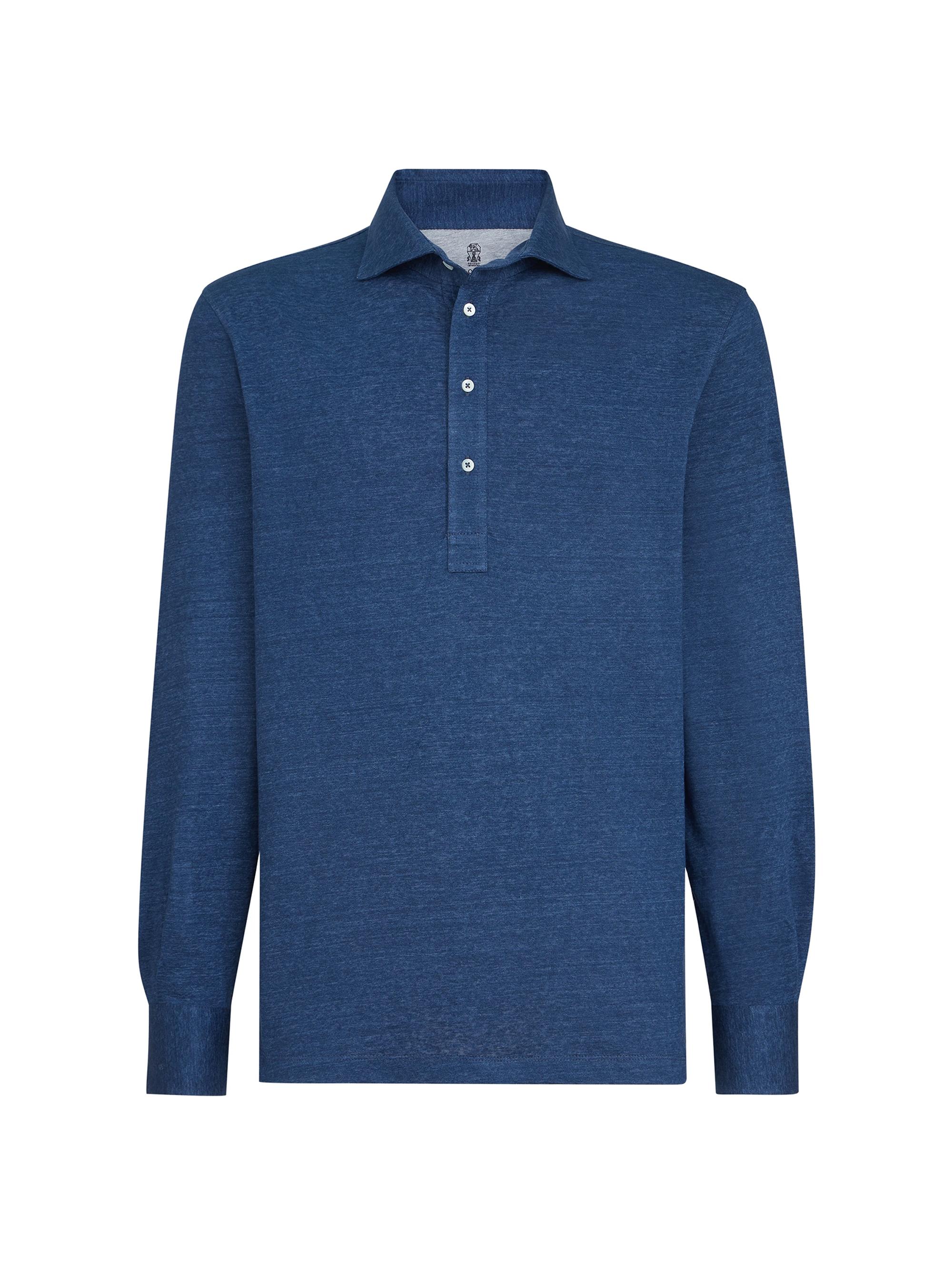 Brunello Cucinelli Men's Linen and Cotton Mélange Jersey Long Sleeve Polo Shirt - Denim