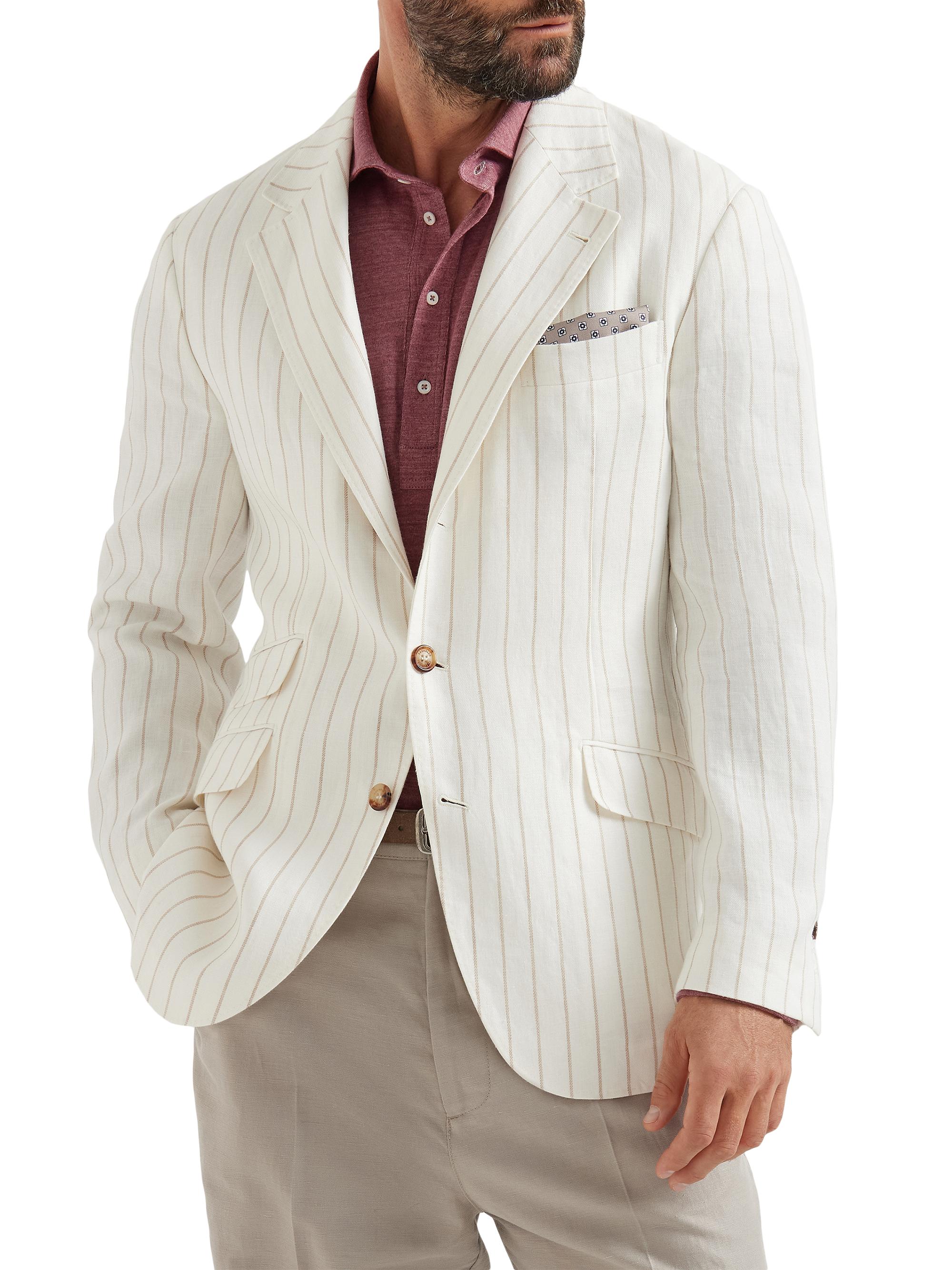 Brunello Cucinelli Men's Chalk Stripe Linen Twill Deconstructed Cavallo Blazer - Panama