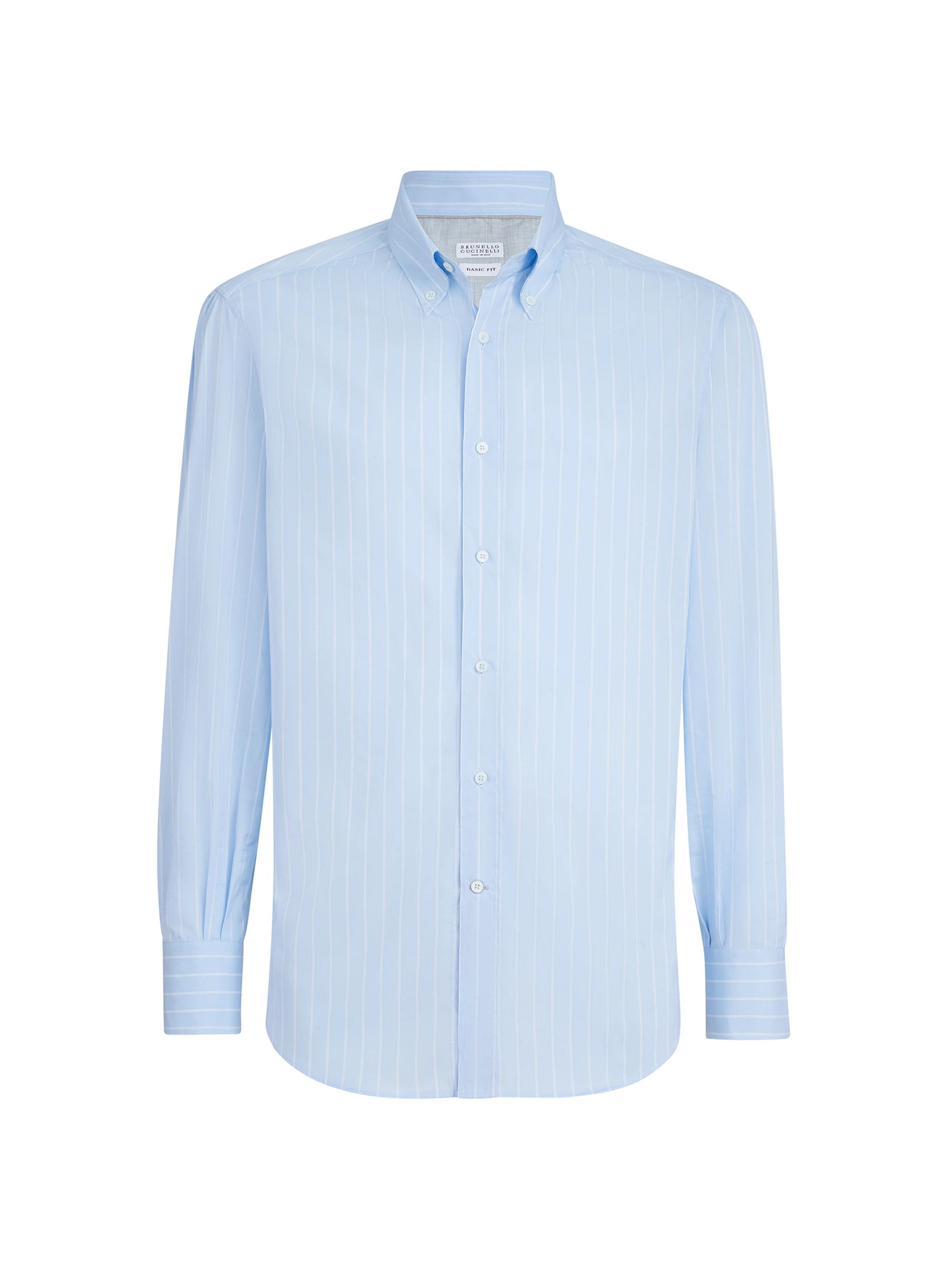 Brunello Cucinelli Men's Striped Poplin Basic Fit Shirt with Button Down Collar - Azure