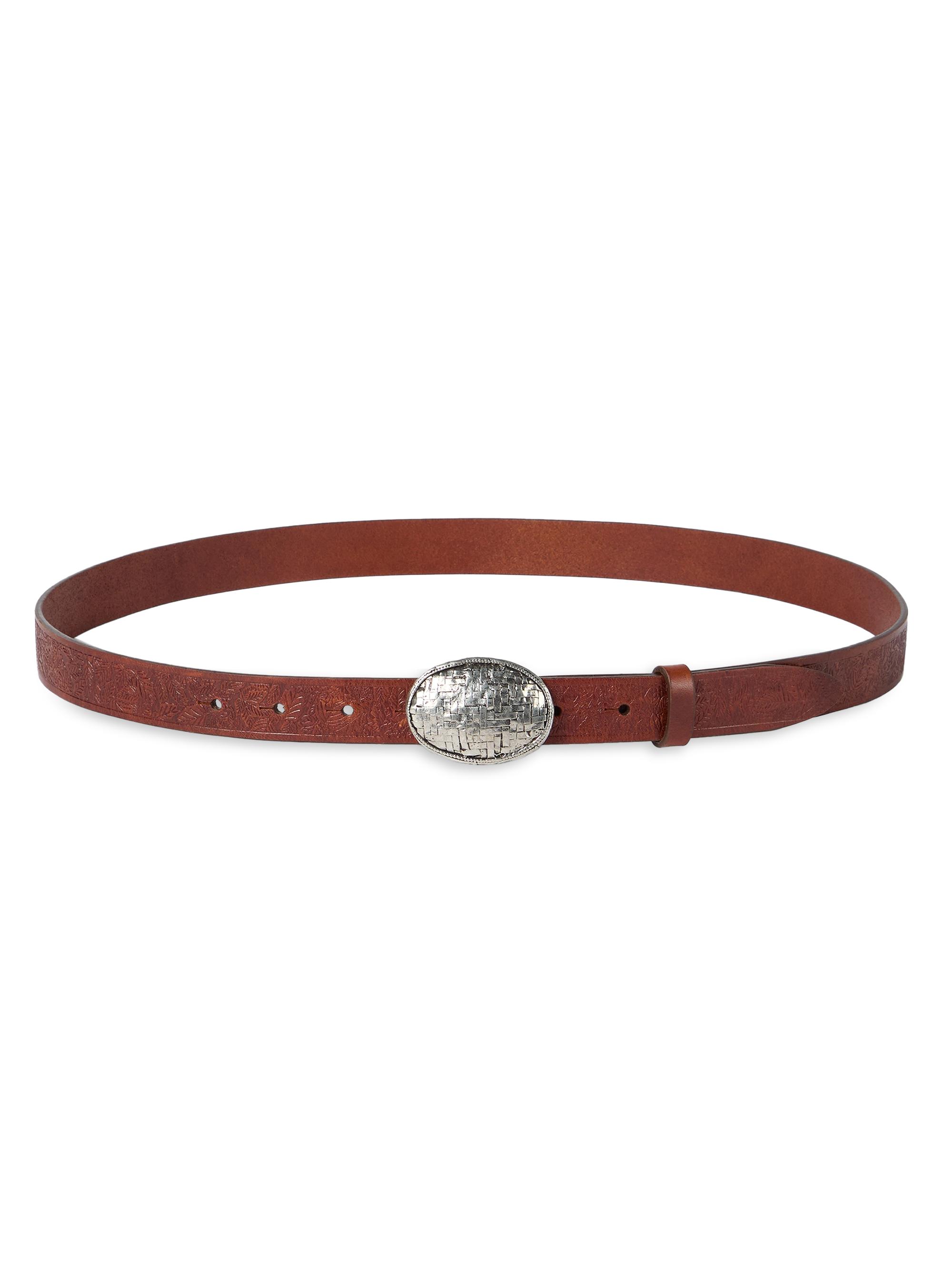 Brunello Cucinelli Men's Leaf Motif Calfskin Belt with Braided Metal Buckle - Mahogany