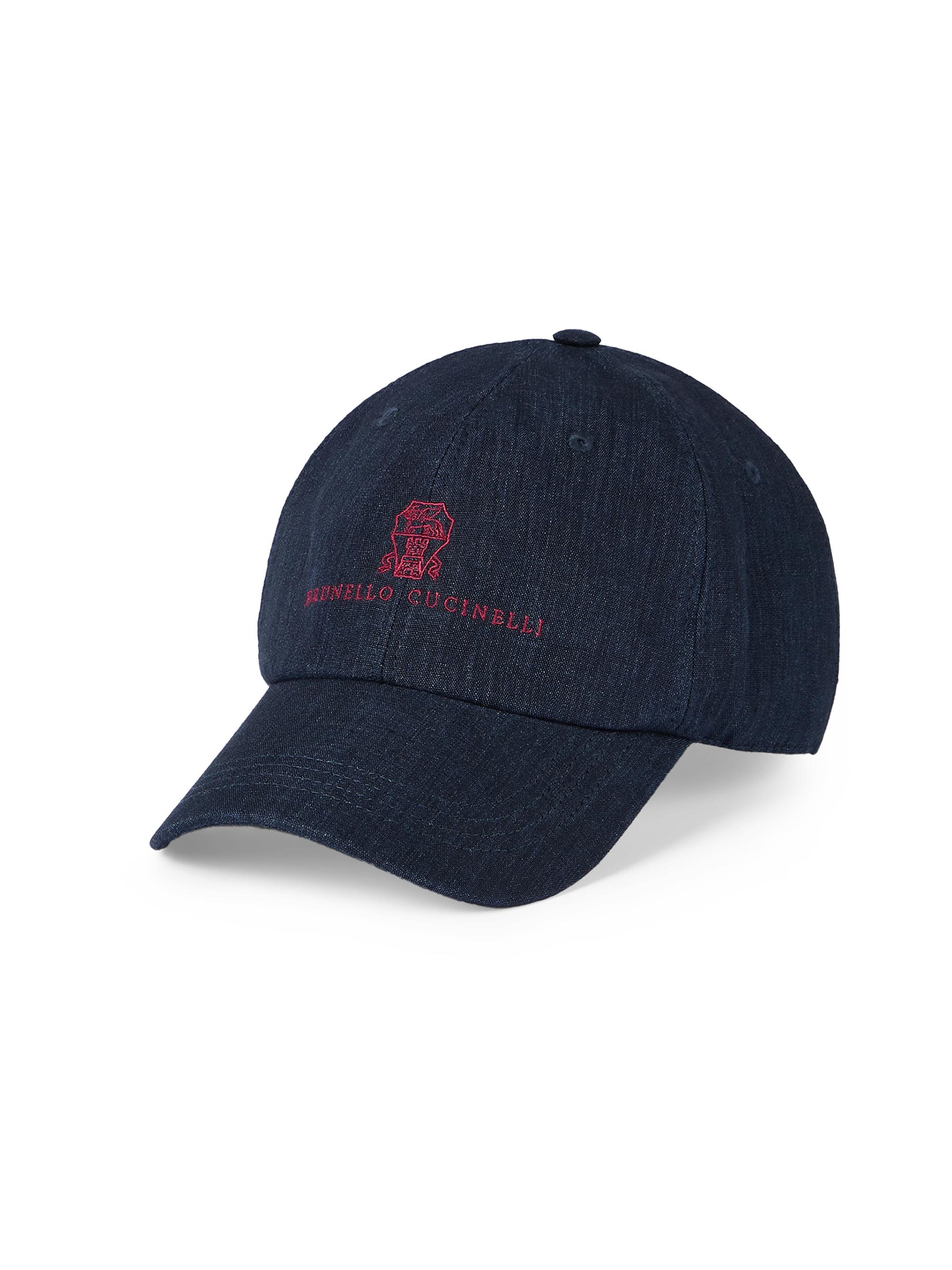 Brunello Cucinelli Men's Lightweight Délavé Linen Baseball Cap with Embroidered Logo - Navy Blue