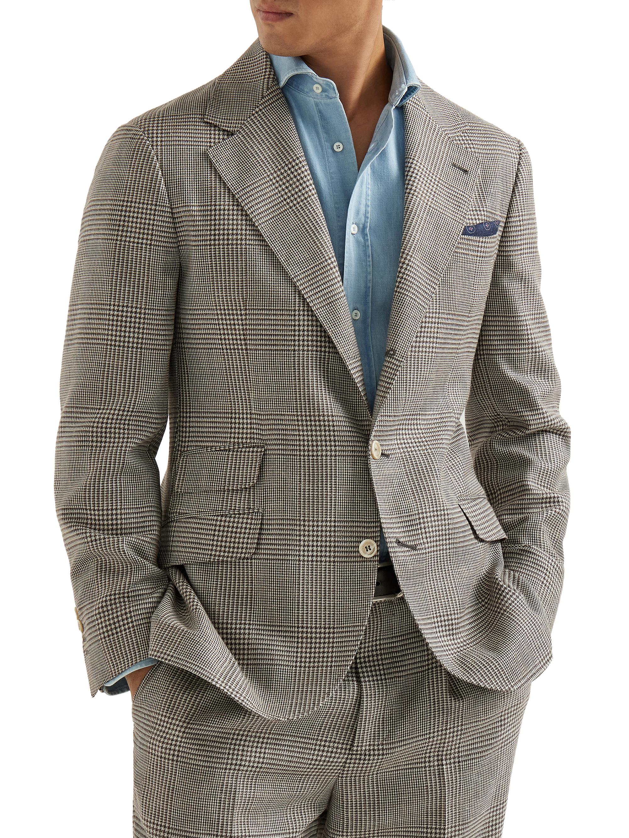 Brunello Cucinelli Men's Virgin Wool, Silk and Linen Prince of Wales Deconstructed Cavallo Blazer - Light Brown