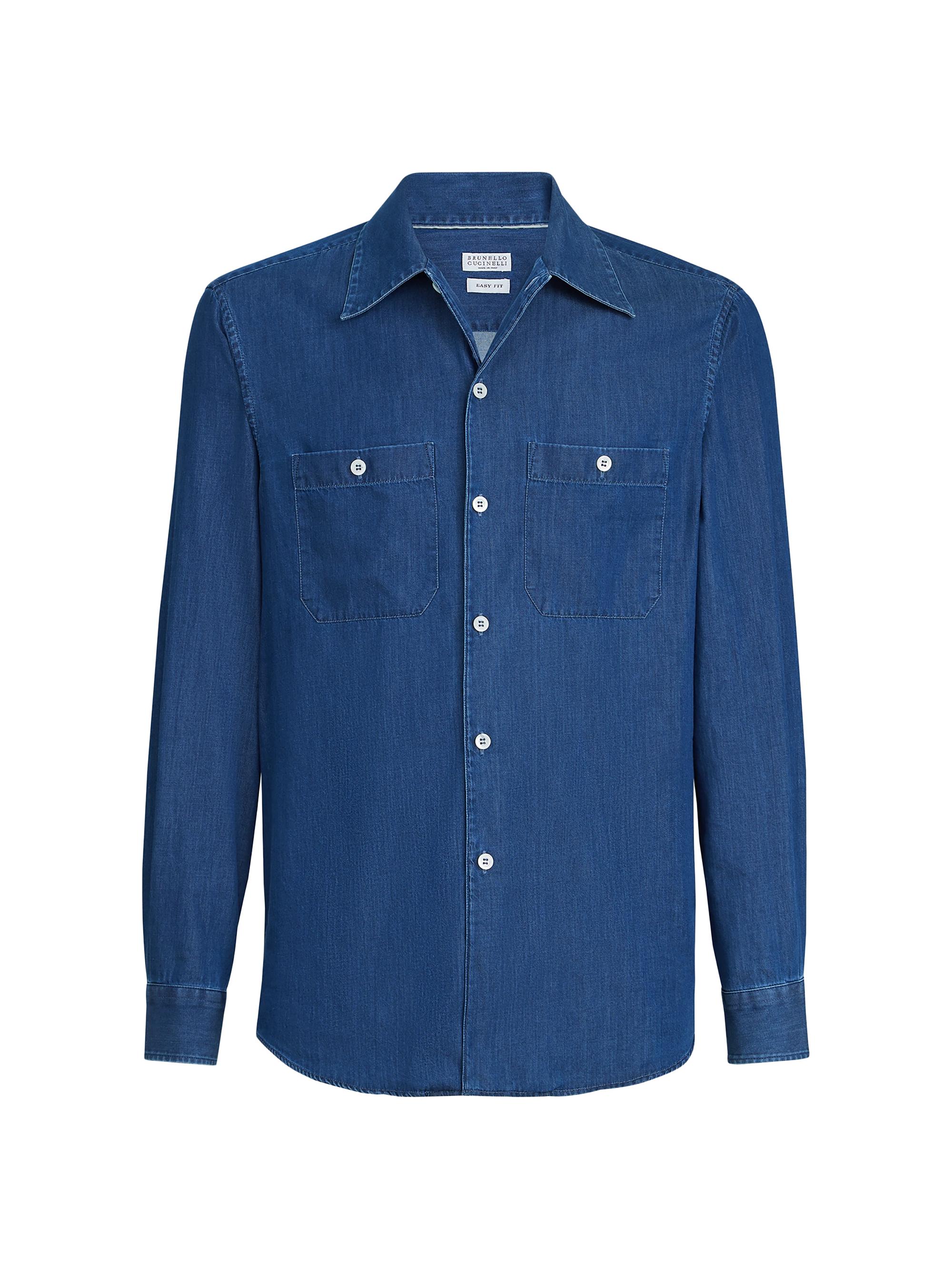 Brunello Cucinelli Men's Lightweight Denim Easy Fit Shirt with Chest Pockets - Dark Denim