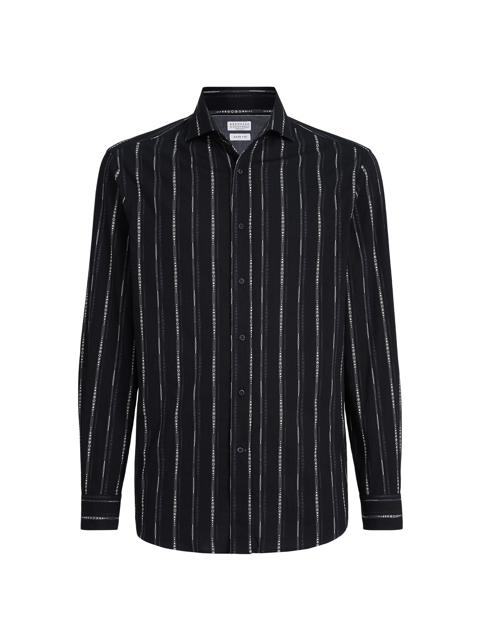 Brunello Cucinelli Men's Jacquard Seersucker Easy-Fit Shirt with Spread Collar - Black